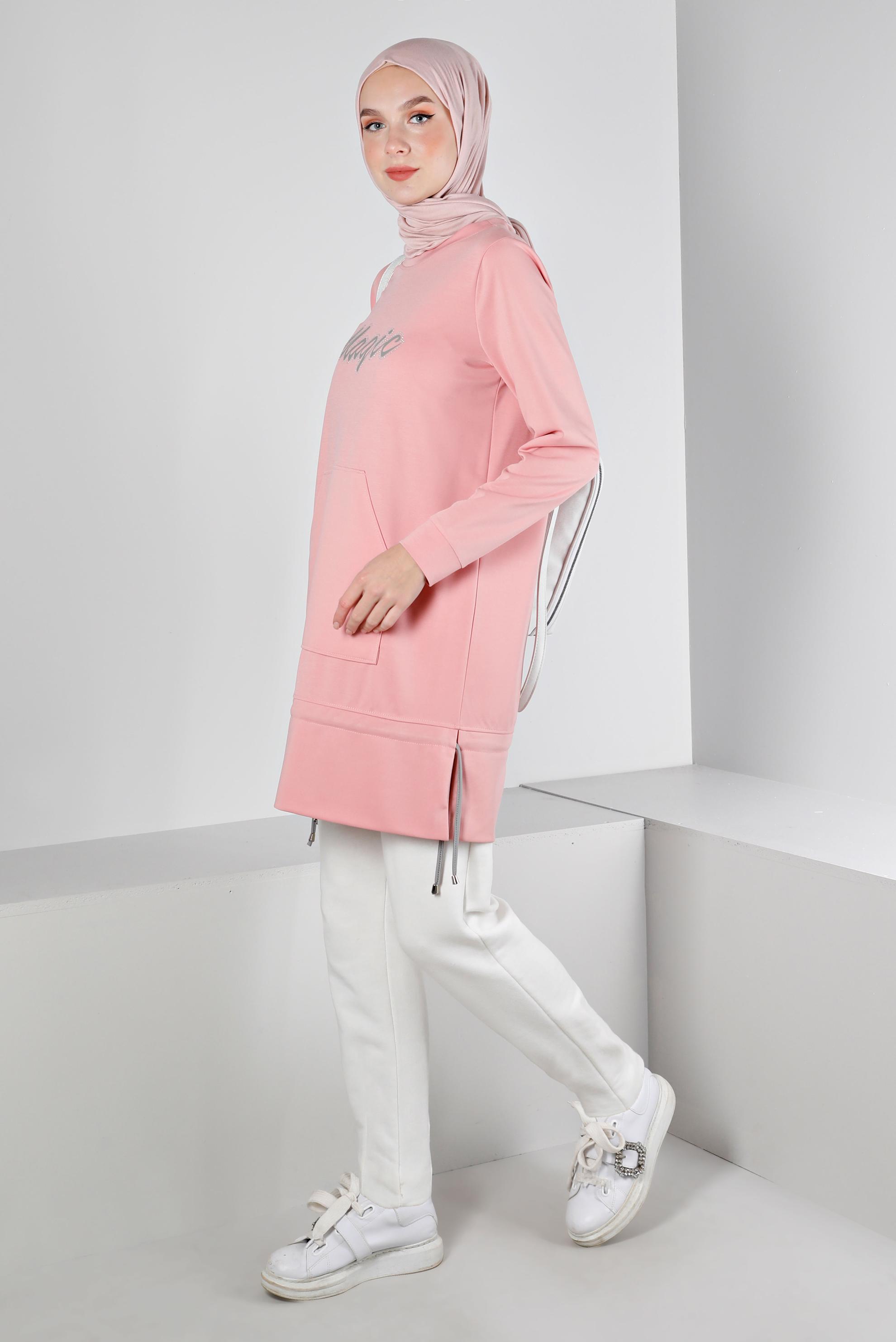 Tesettür giyim PUDRA BASKILI ETEK UCU BÜZGÜLÜ EŞOFMAN TUNİK 43350 