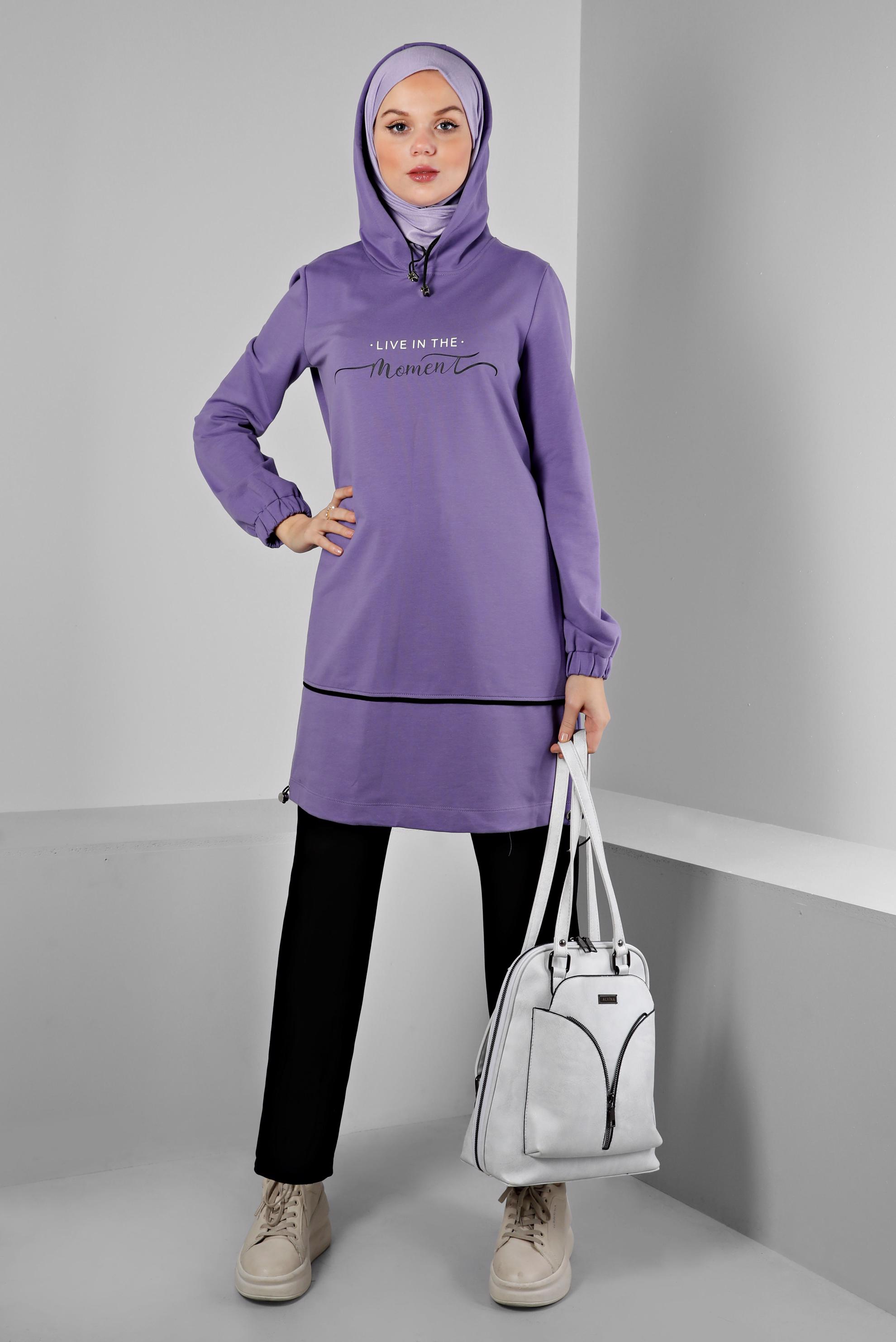 Tesettür giyim MOR YAZI DETAYLI İKİLİ PANT. EŞOFMAN 43352 