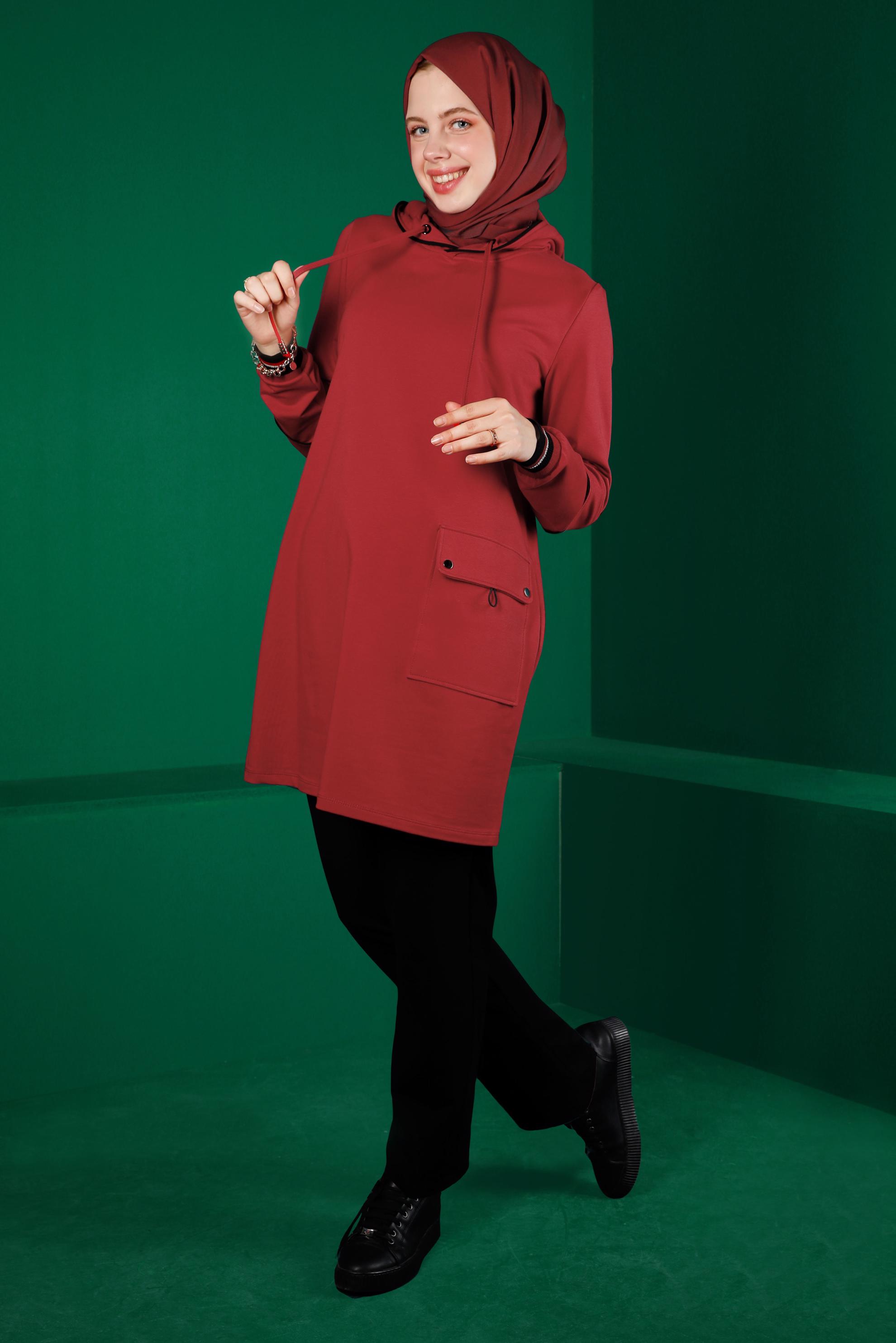 Tesettür giyim KIRMIZI CEP DETAYLI İKİLİ PANT. EŞOFMAN TAKIM 43353 