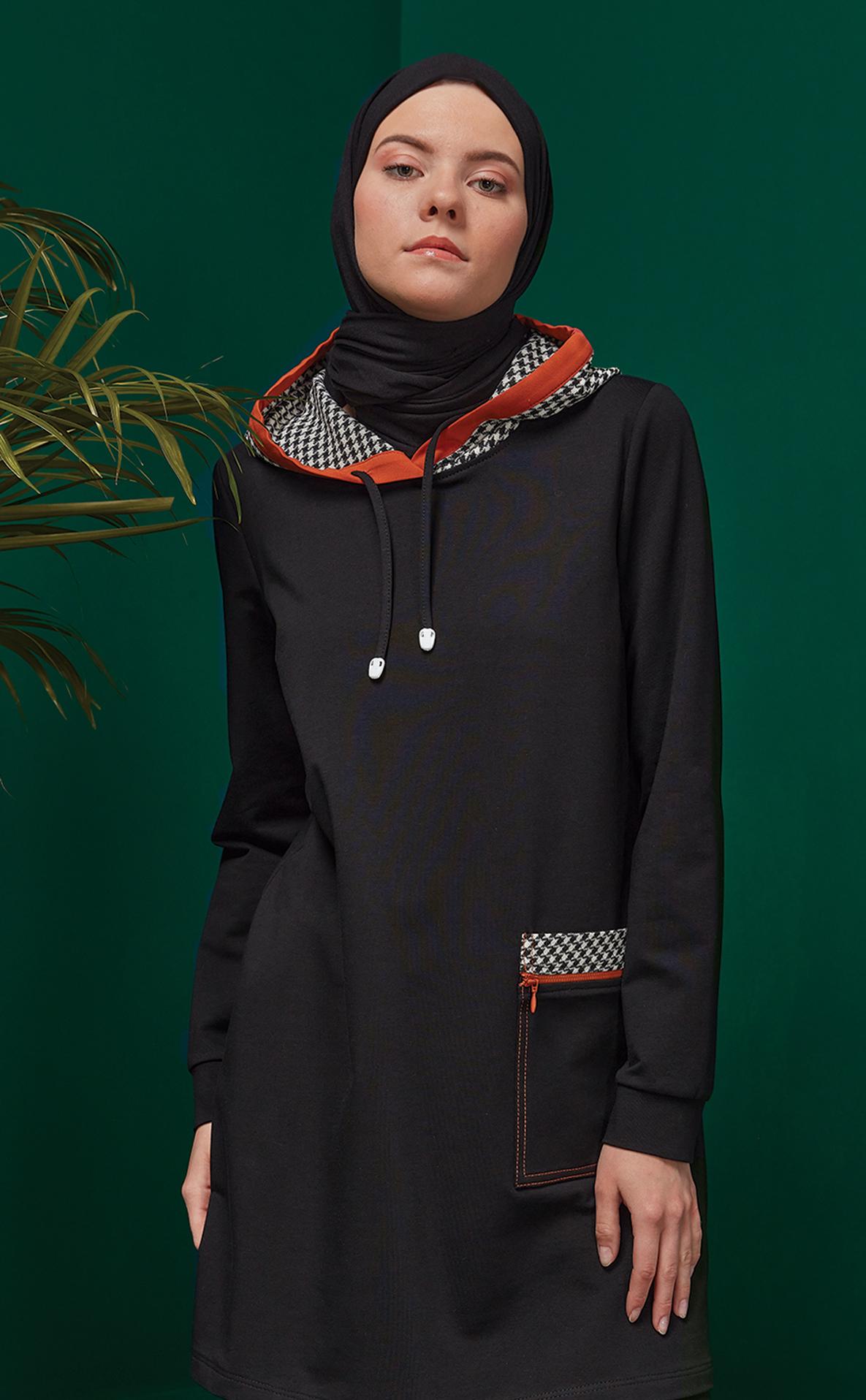 Hijab clothing BLACK HOUNDSTOOTH HOODED DETAIL 2-PIECE TRACKSUIT SET WITH PANTS 43354