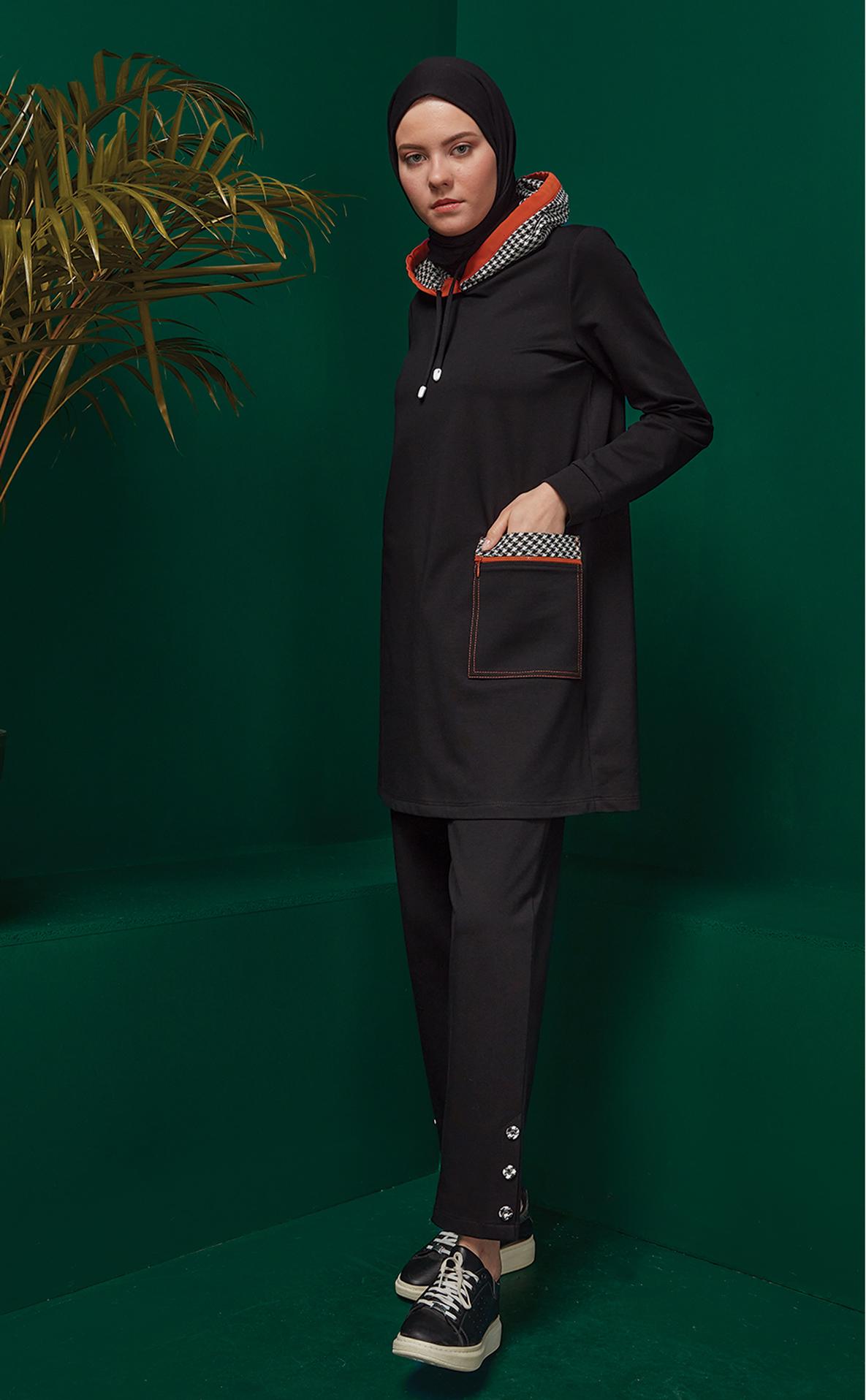 Hijab clothing BLACK HOUNDSTOOTH HOODED DETAIL 2-PIECE TRACKSUIT SET WITH PANTS 43354