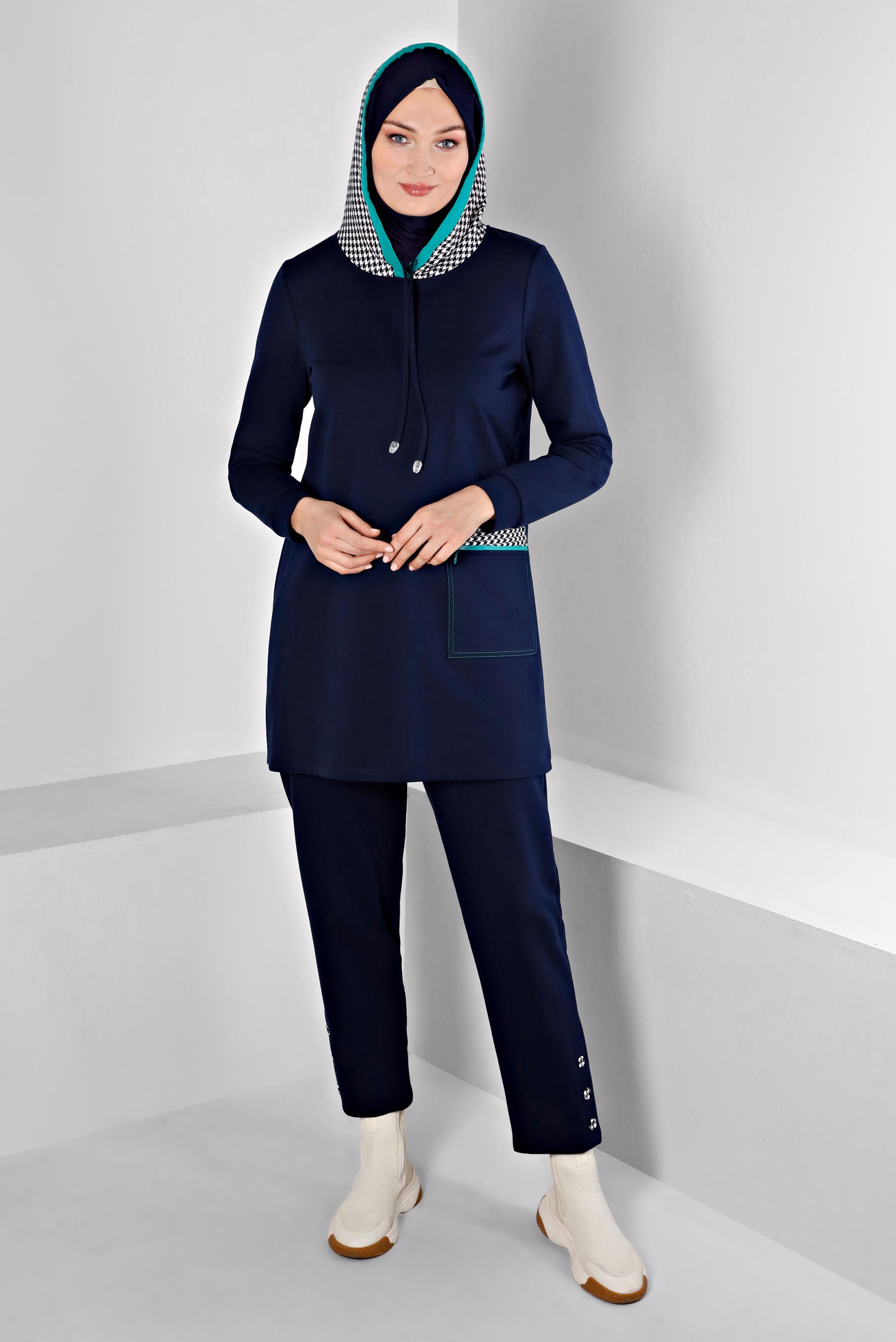 Tesettür giyim LACİVERT KAZAYAĞI DESEN KAPÜŞONLU CEPLİ İKİLİ PANT.EŞOFMAN TAKIM 43354