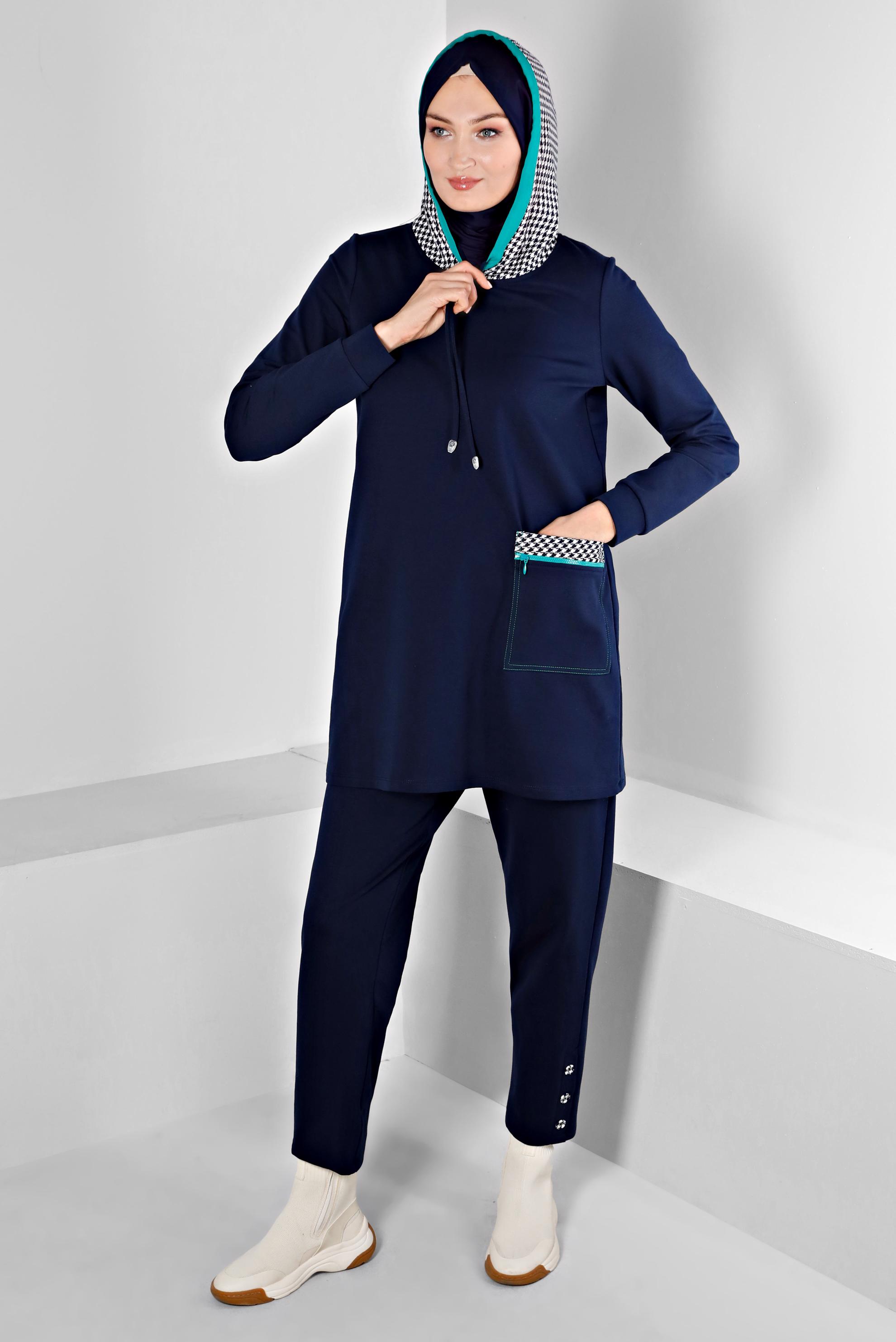 Tesettür giyim LACİVERT KAZAYAĞI DESEN KAPÜŞONLU CEPLİ İKİLİ PANT.EŞOFMAN TAKIM 43354