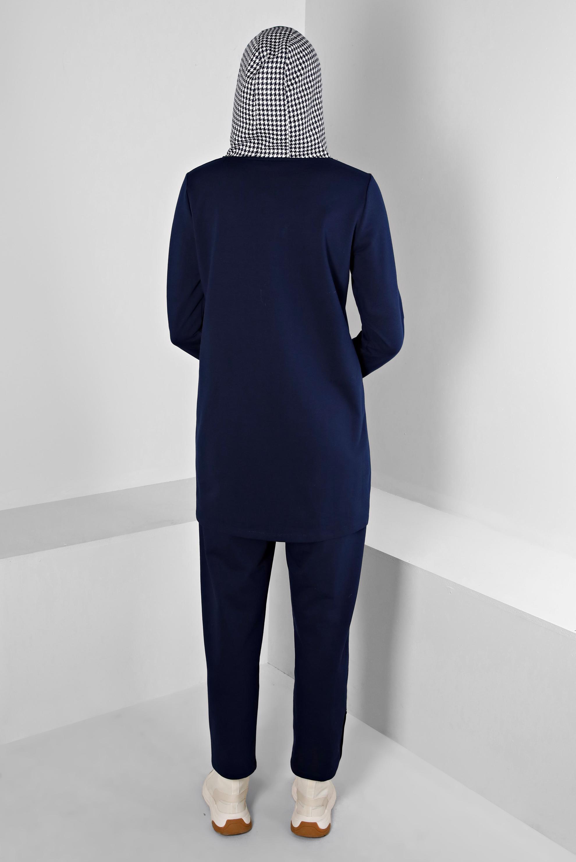 Tesettür giyim LACİVERT KAZAYAĞI DESEN KAPÜŞONLU CEPLİ İKİLİ PANT.EŞOFMAN TAKIM 43354