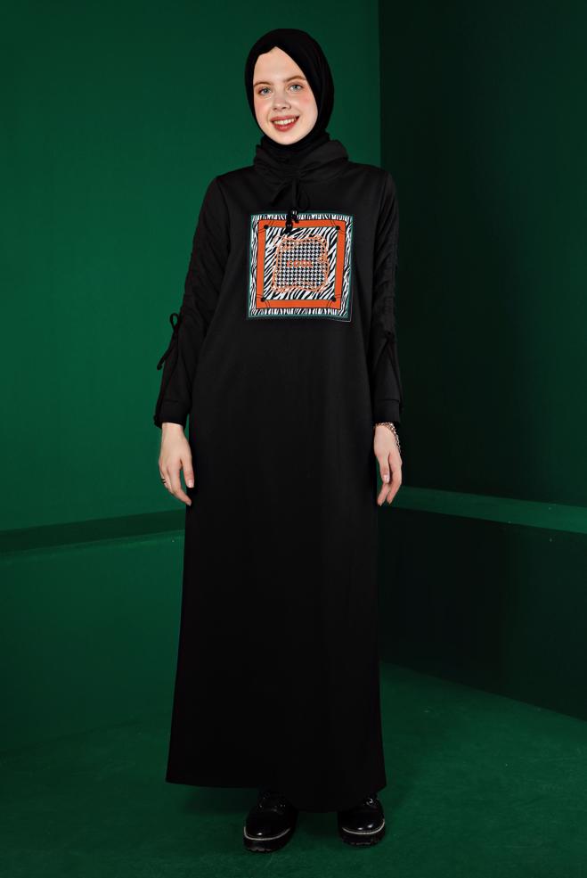 Vêtements hijab NOIR ROBE DE SURVÊTEMENT IMPRIMÉ DÉTAIL NOUÉ 43363 - ALVİNA