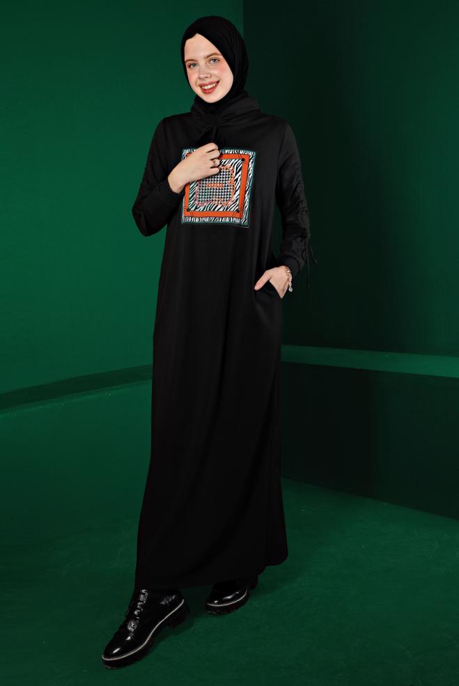Vêtements hijab NOIR ROBE DE SURVÊTEMENT IMPRIMÉ DÉTAIL NOUÉ 43363 - ALVİNA