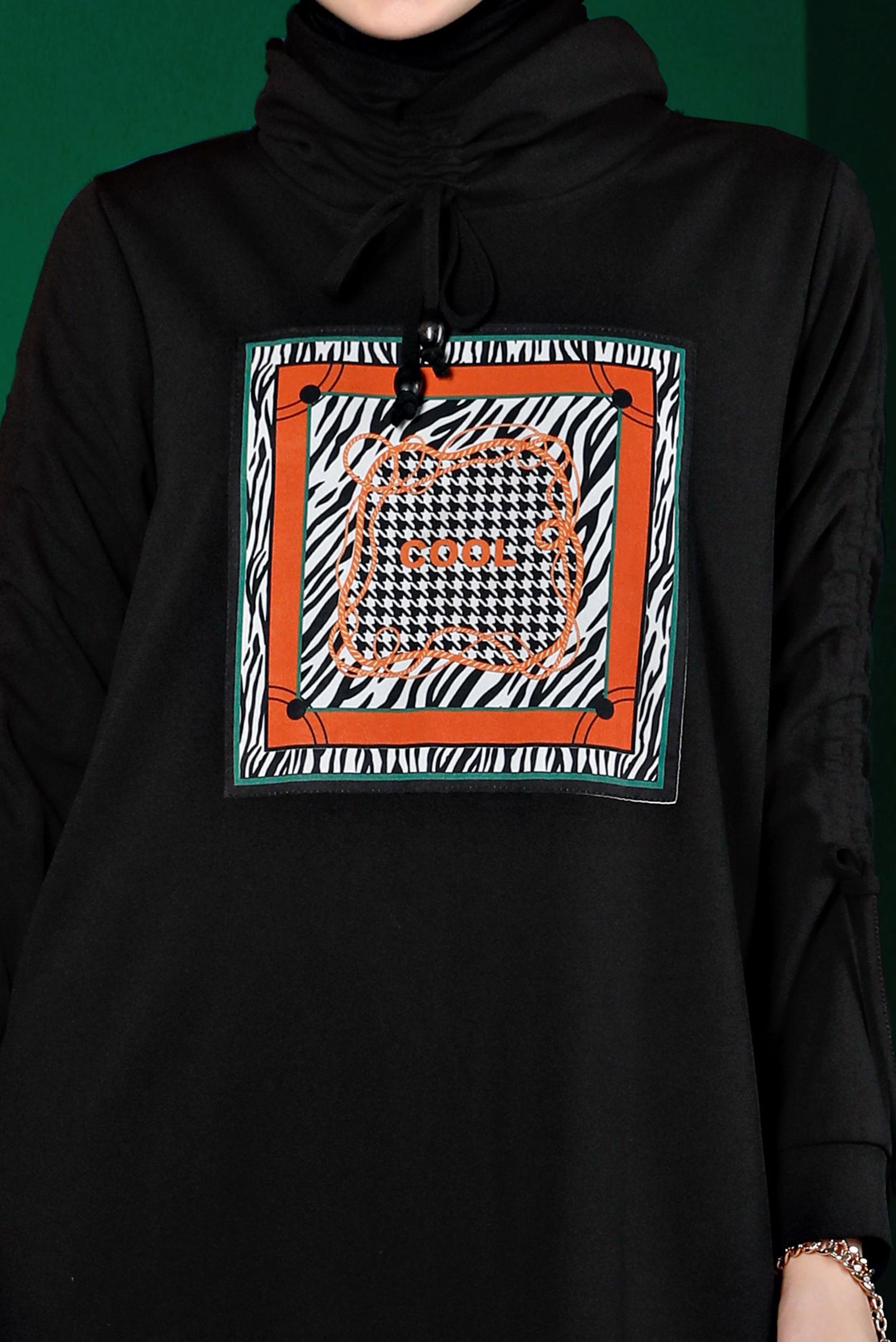 Vêtements hijab NOIR ROBE DE SURVÊTEMENT IMPRIMÉ DÉTAIL NOUÉ 43363