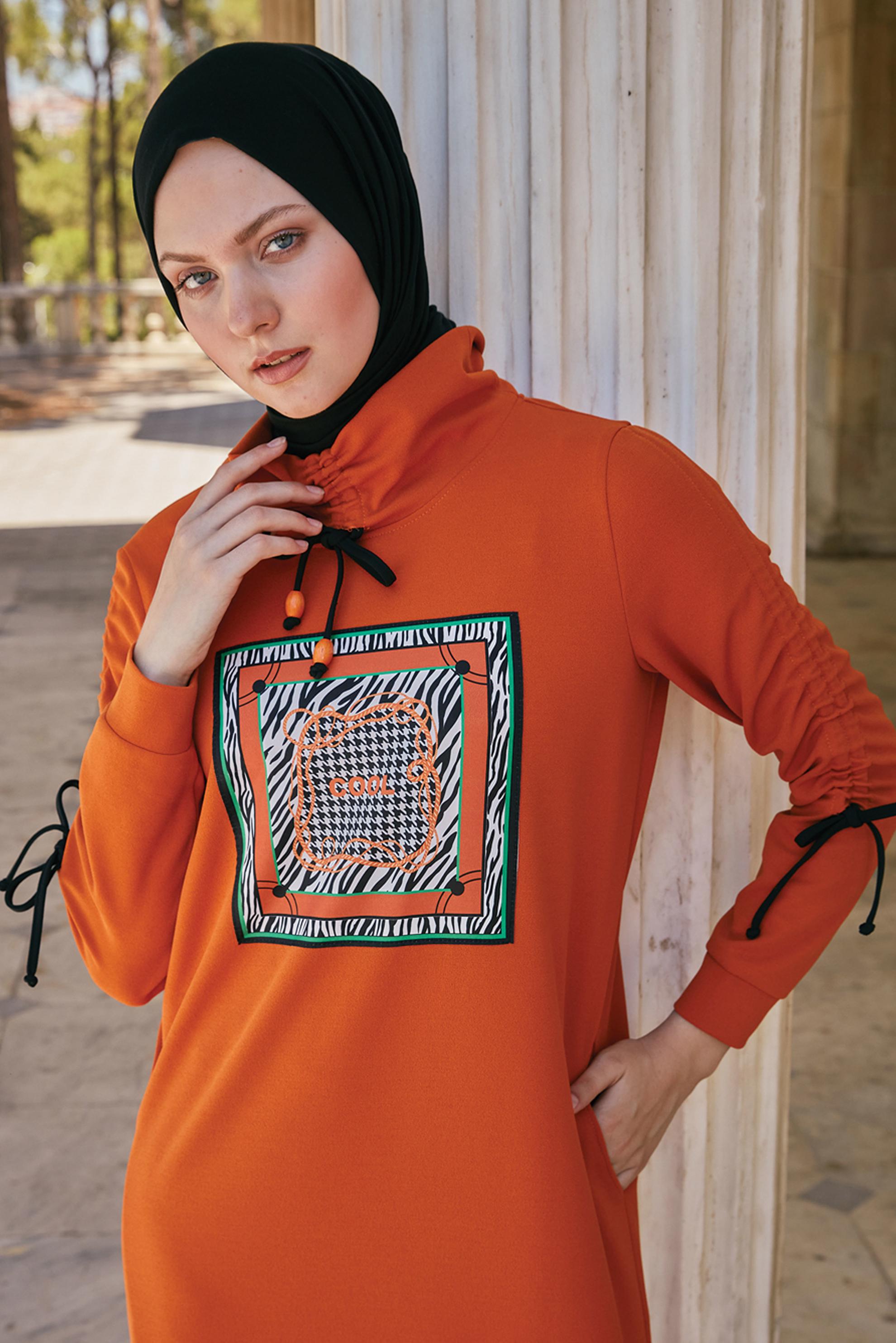 Hijab clothing ORANGE TIE DETAIL PRINTED TRACKSUIT DRESS 43363 