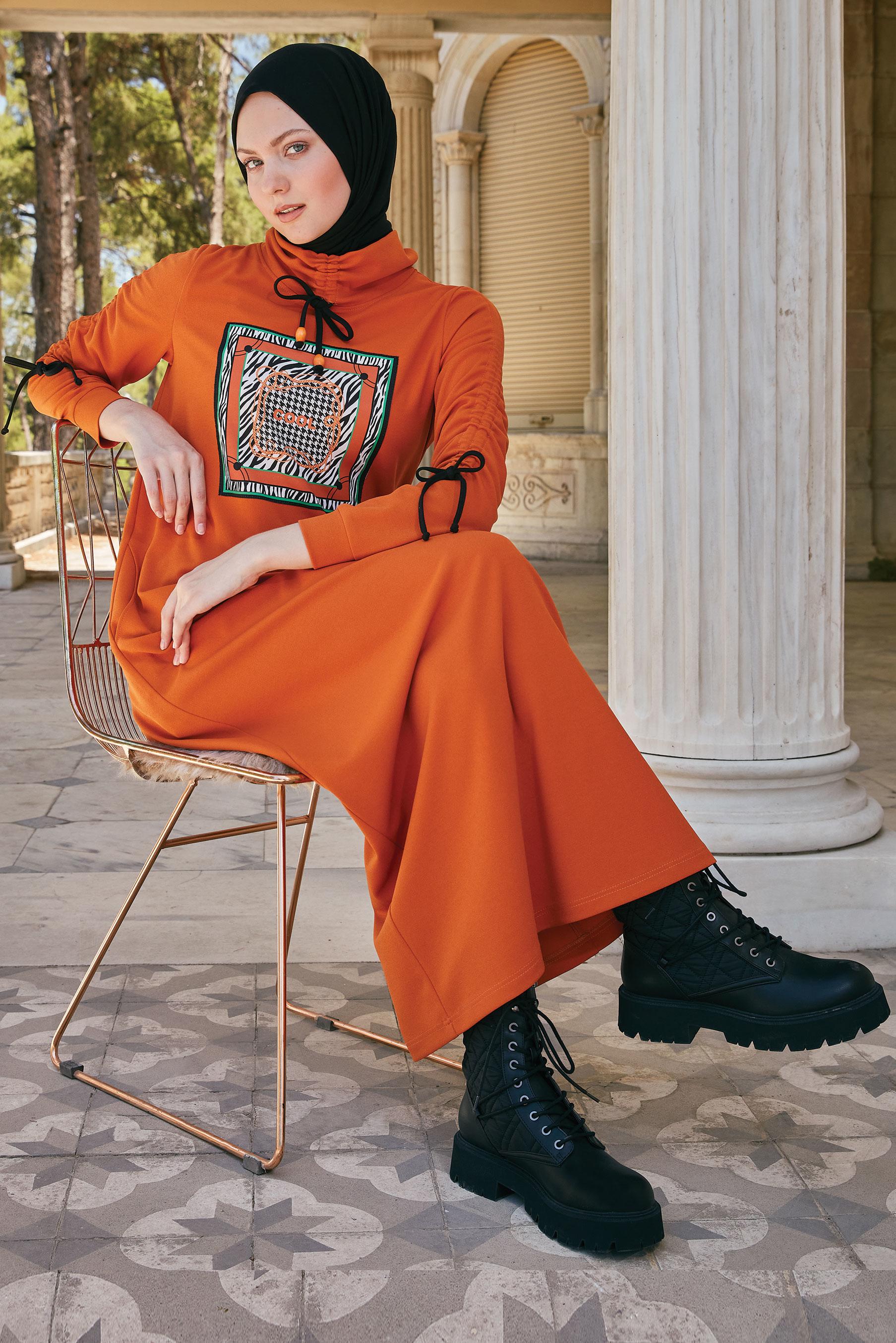 Hijab clothing ORANGE TIE DETAIL PRINTED TRACKSUIT DRESS 43363 