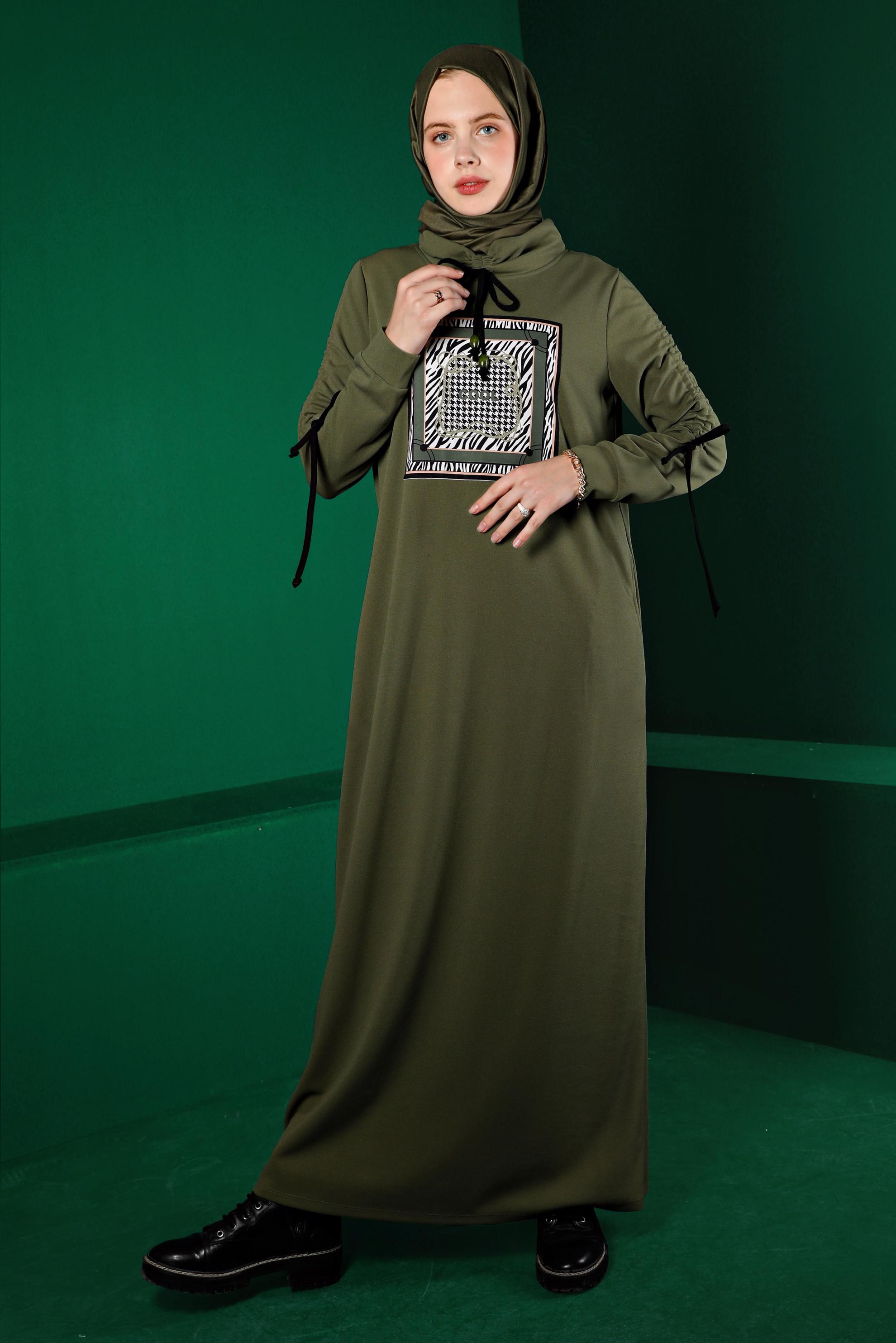 Vêtements hijab KAKI ROBE DE SURVÊTEMENT IMPRIMÉ DÉTAIL NOUÉ 43363