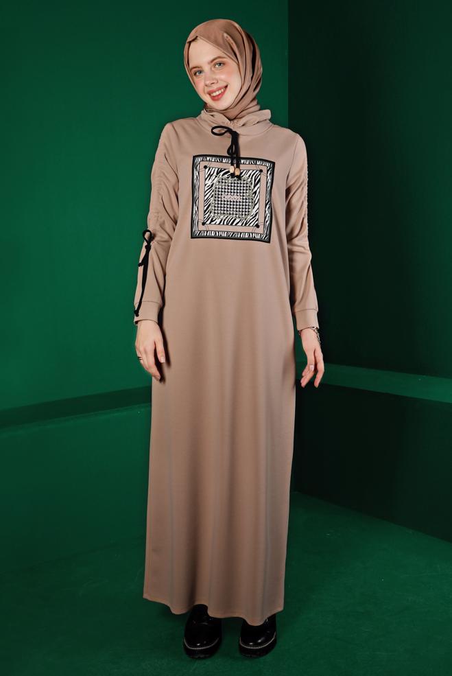 Vêtements hijab BEIGE ROBE DE SURVÊTEMENT IMPRIMÉ DÉTAIL NOUÉ 43363 - ALVİNA