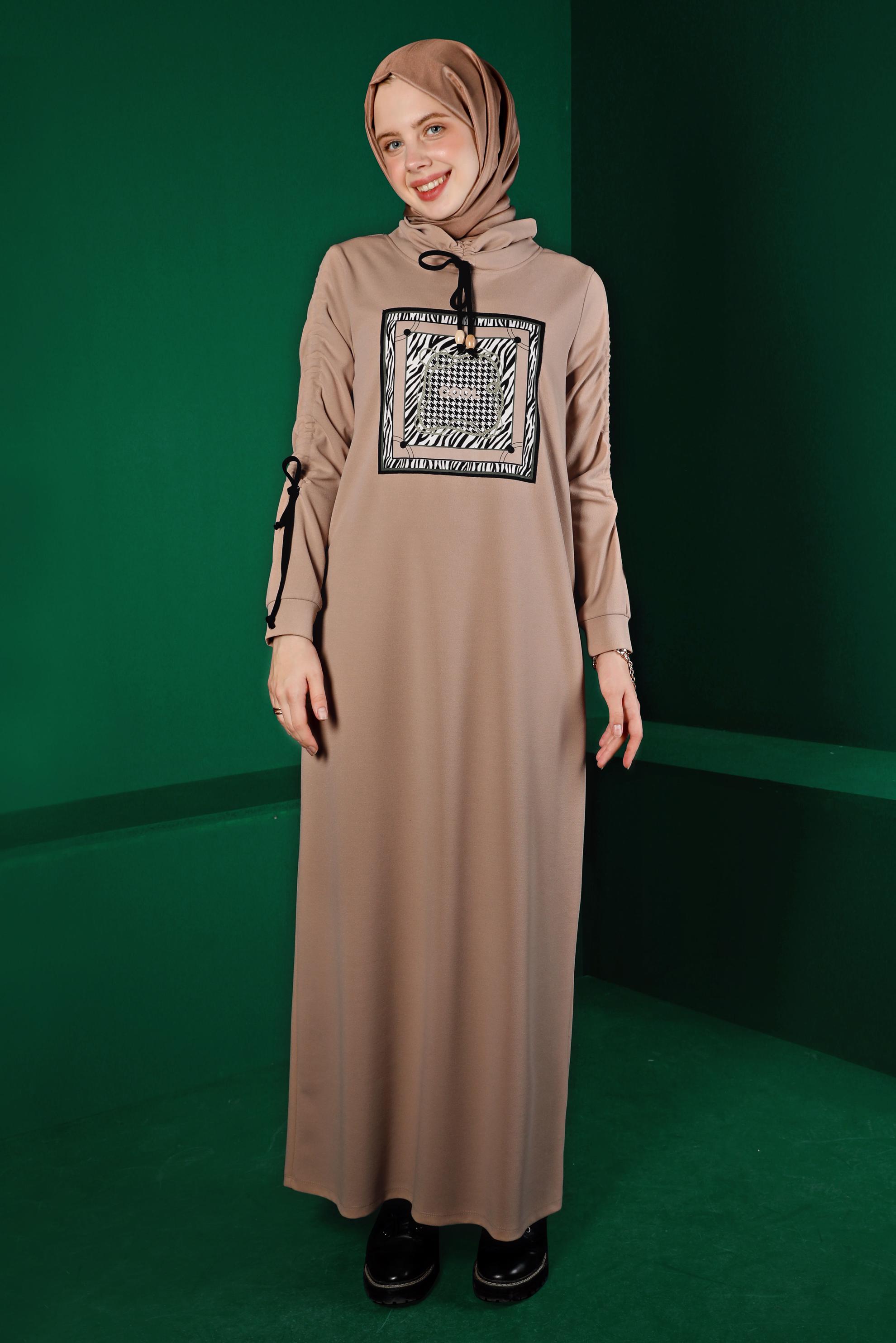 Vêtements hijab BEIGE ROBE DE SURVÊTEMENT IMPRIMÉ DÉTAIL NOUÉ 43363