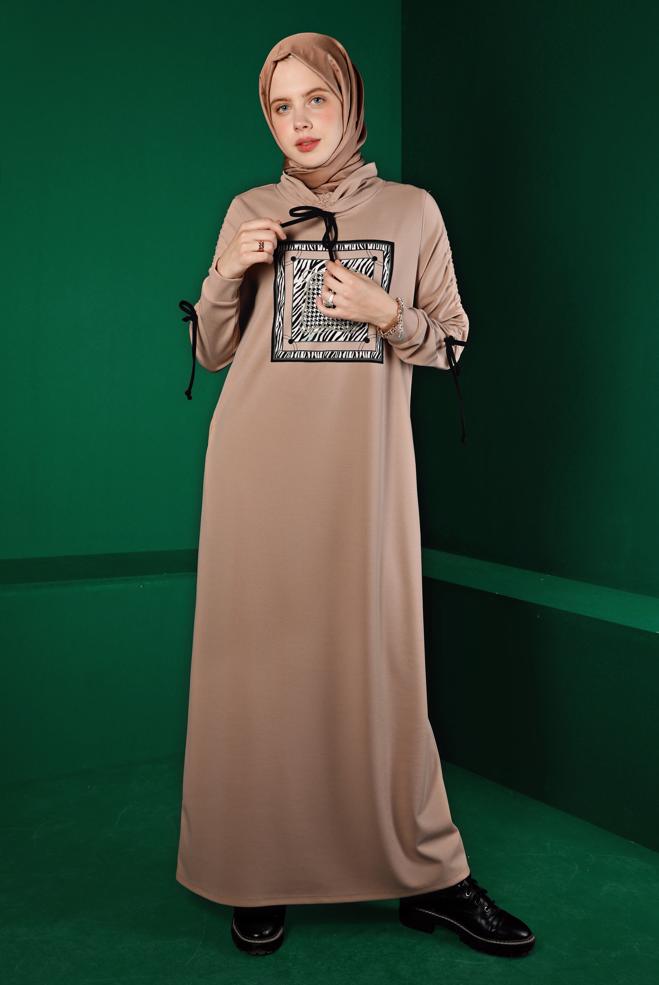 Vêtements hijab BEIGE ROBE DE SURVÊTEMENT IMPRIMÉ DÉTAIL NOUÉ 43363 - ALVİNA