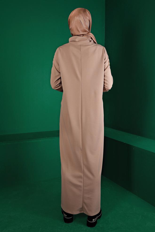 Vêtements hijab BEIGE ROBE DE SURVÊTEMENT IMPRIMÉ DÉTAIL NOUÉ 43363 - ALVİNA