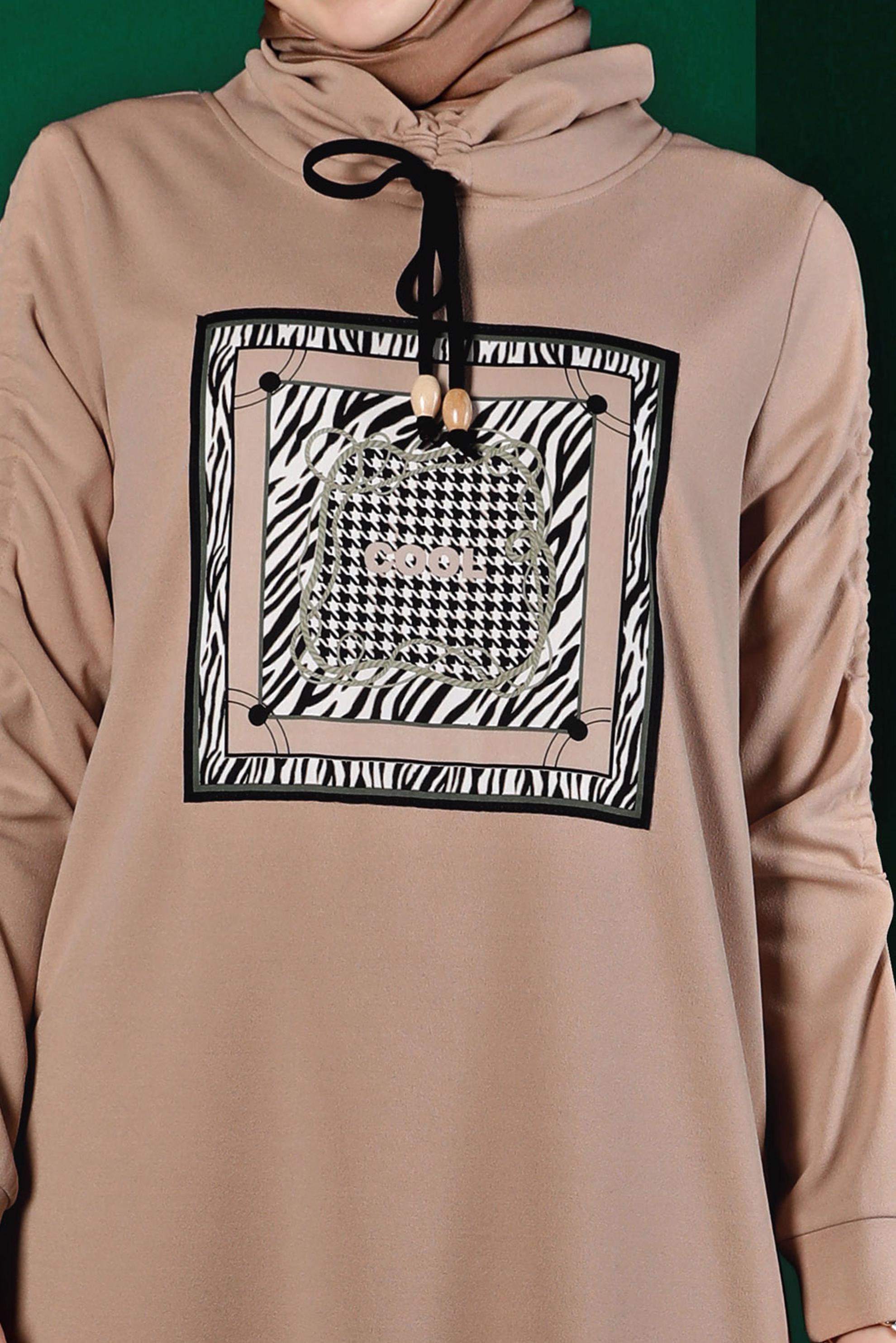 Vêtements hijab BEIGE ROBE DE SURVÊTEMENT IMPRIMÉ DÉTAIL NOUÉ 43363