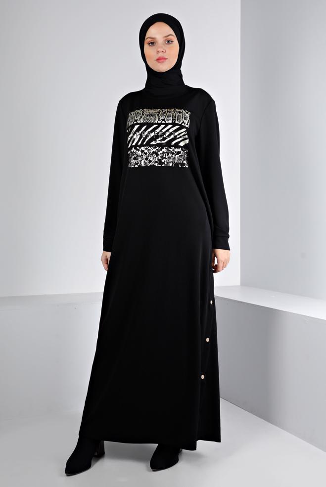 Vêtements hijab NOIR ROBE SURVÊTEMENT IMPRIMÉ À PRESSION 43364 - ALVİNA