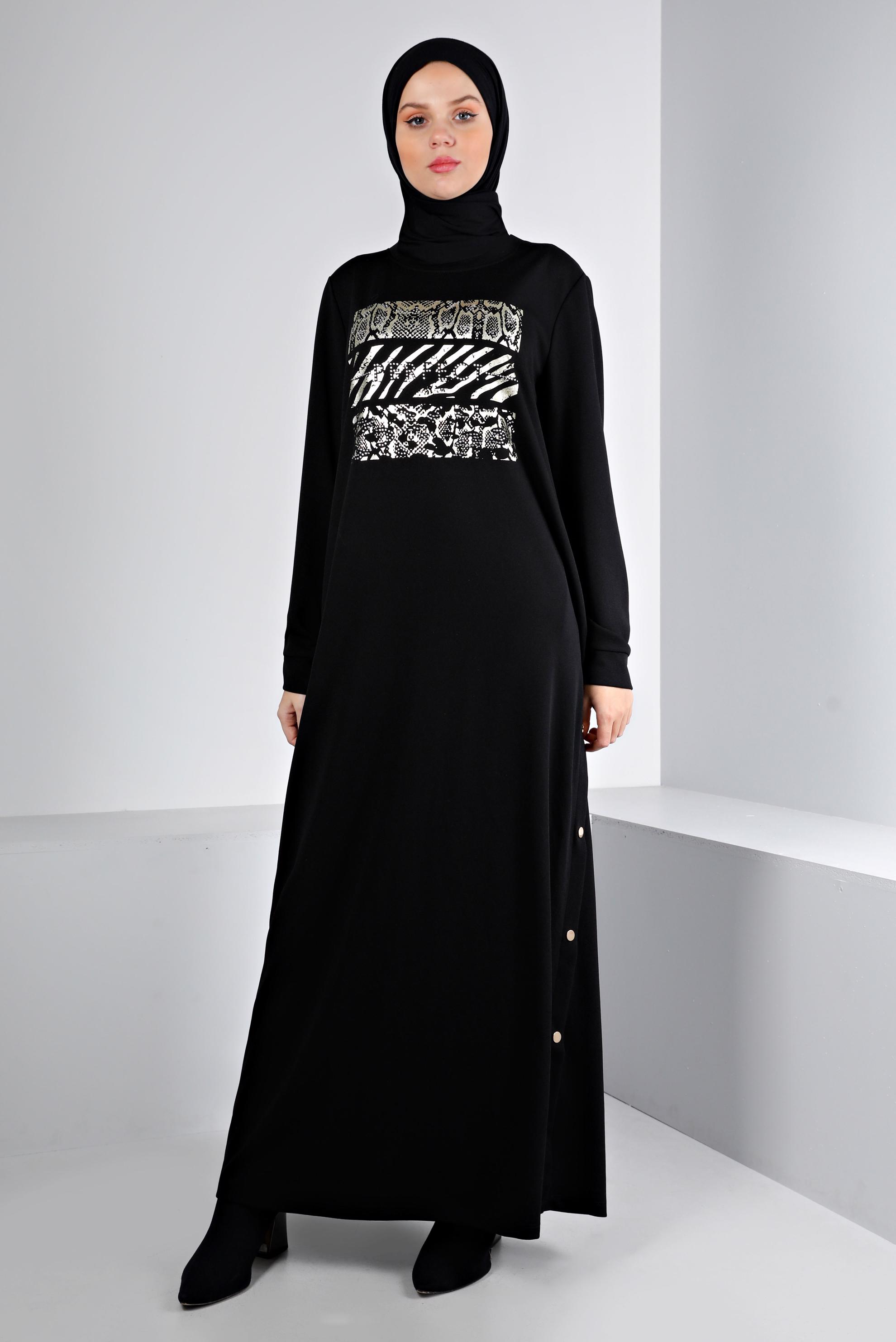 Vêtements hijab NOIR ROBE SURVÊTEMENT IMPRIMÉ À PRESSION 43364