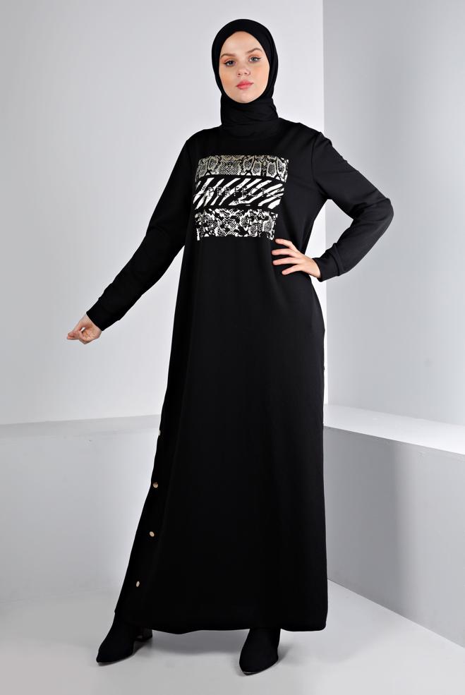 Vêtements hijab NOIR ROBE SURVÊTEMENT IMPRIMÉ À PRESSION 43364 - ALVİNA