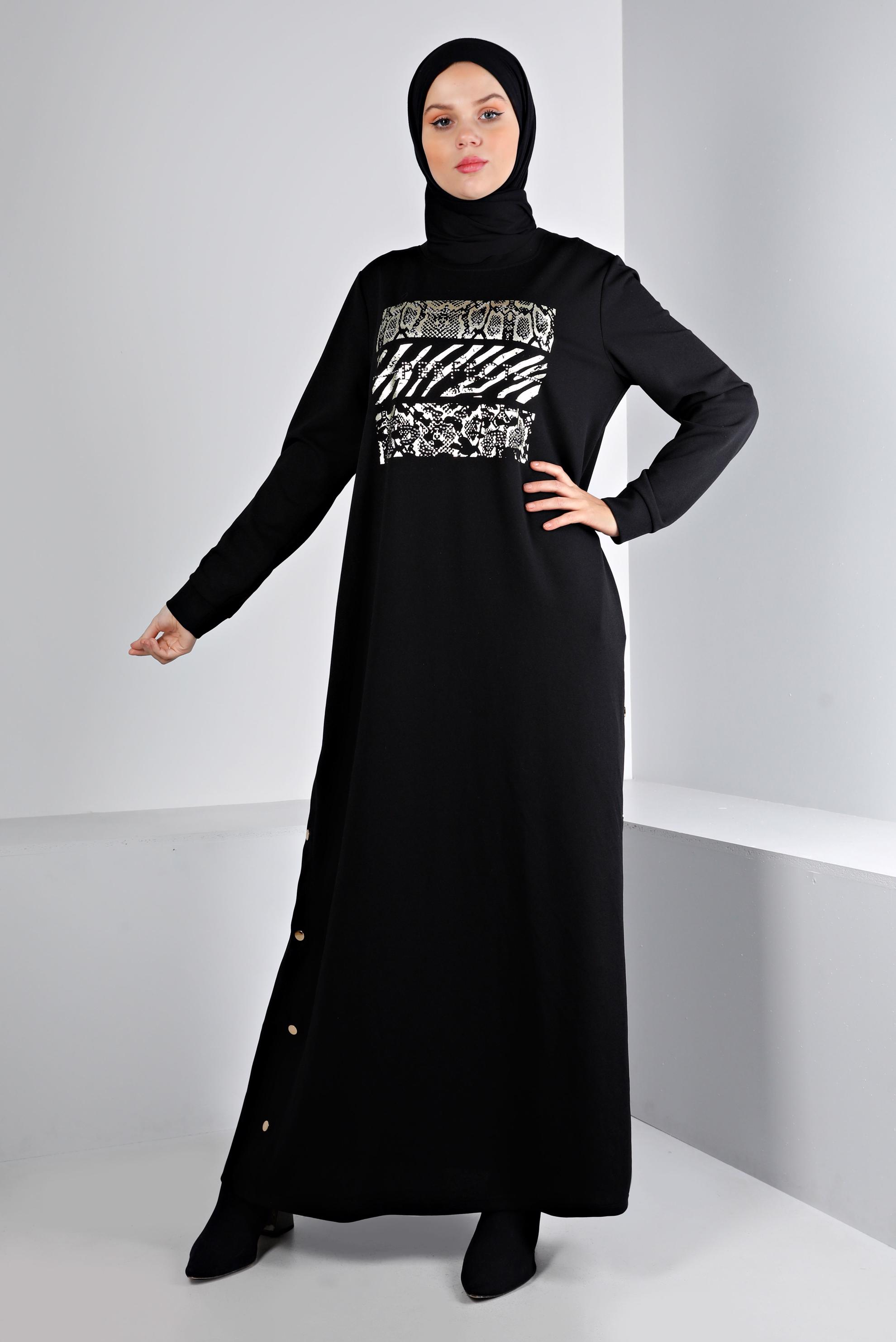 Vêtements hijab NOIR ROBE SURVÊTEMENT IMPRIMÉ À PRESSION 43364
