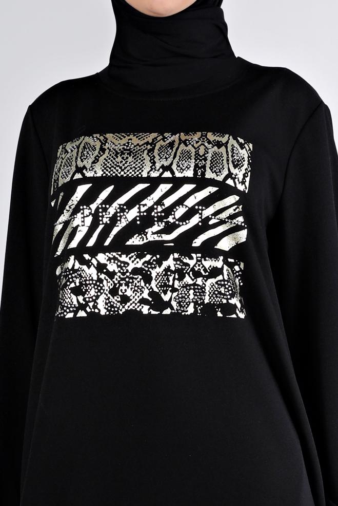 Vêtements hijab NOIR ROBE SURVÊTEMENT IMPRIMÉ À PRESSION 43364 - ALVİNA