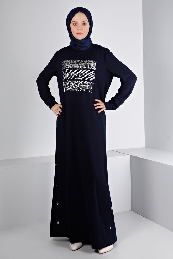 Vêtements hijab BLEU MARINE ROBE SURVÊTEMENT IMPRIMÉ À PRESSION 43364 - ALVİNA
