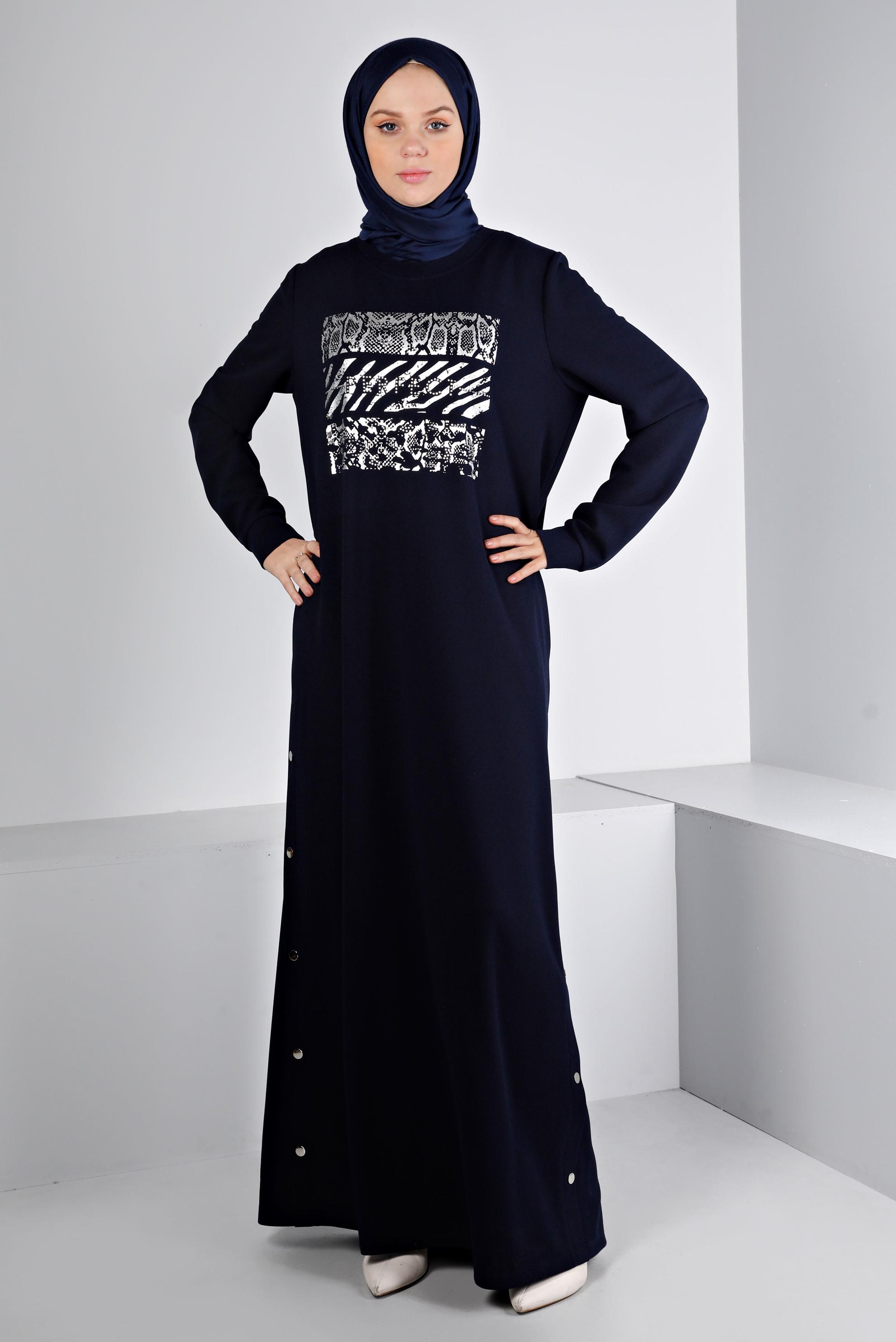 Hijab clothing NAVY BLUE SNAPPED PRINTED TRACKSUIT DRESS 43364