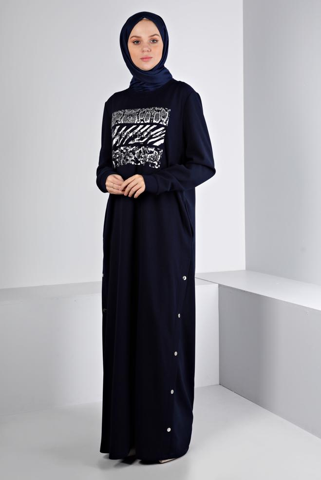 Vêtements hijab BLEU MARINE ROBE SURVÊTEMENT IMPRIMÉ À PRESSION 43364 - ALVİNA