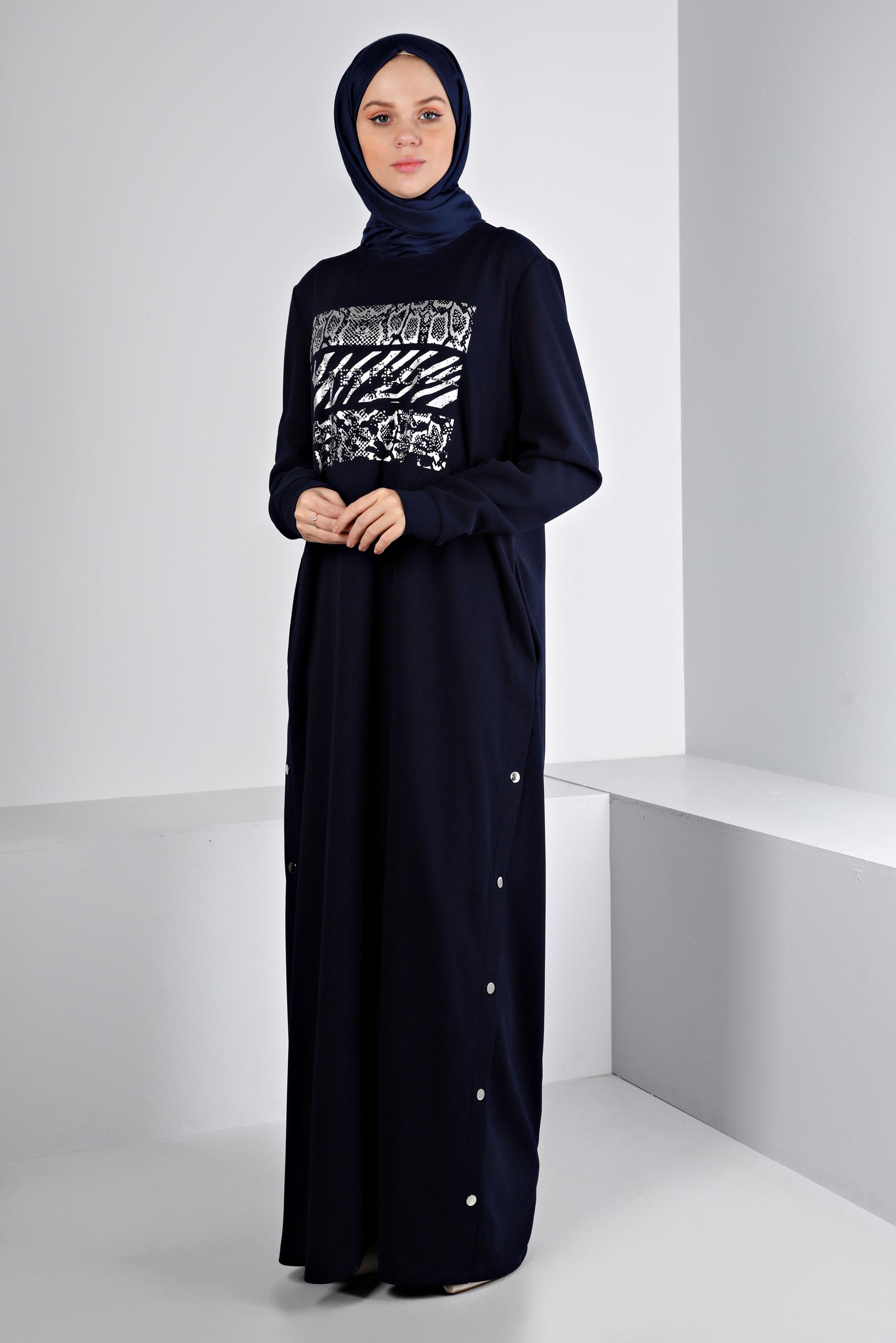 Hijab clothing NAVY BLUE SNAPPED PRINTED TRACKSUIT DRESS 43364