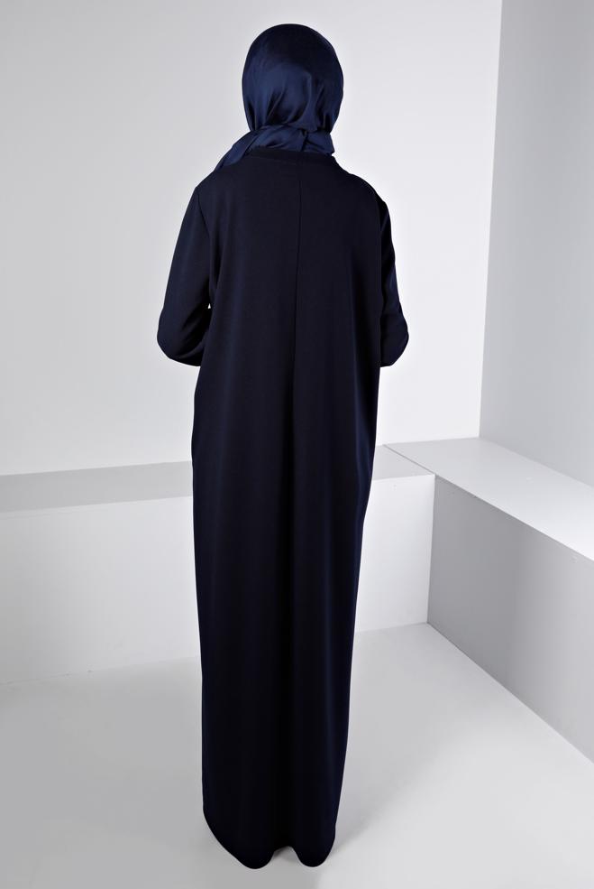 Vêtements hijab BLEU MARINE ROBE SURVÊTEMENT IMPRIMÉ À PRESSION 43364 - ALVİNA