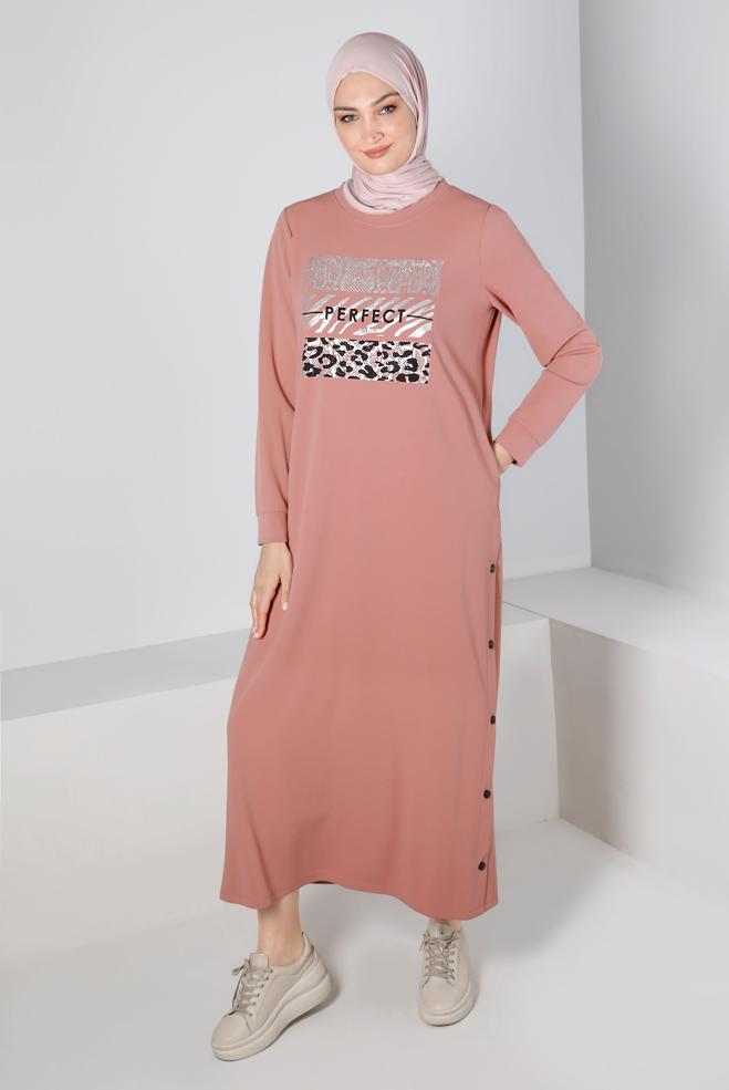 Vêtements hijab POUDRE ROBE SURVÊTEMENT IMPRIMÉ À PRESSION 43364 - ALVİNA