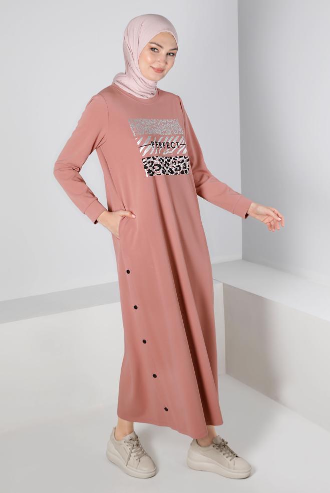 Vêtements hijab POUDRE ROBE SURVÊTEMENT IMPRIMÉ À PRESSION 43364 - ALVİNA