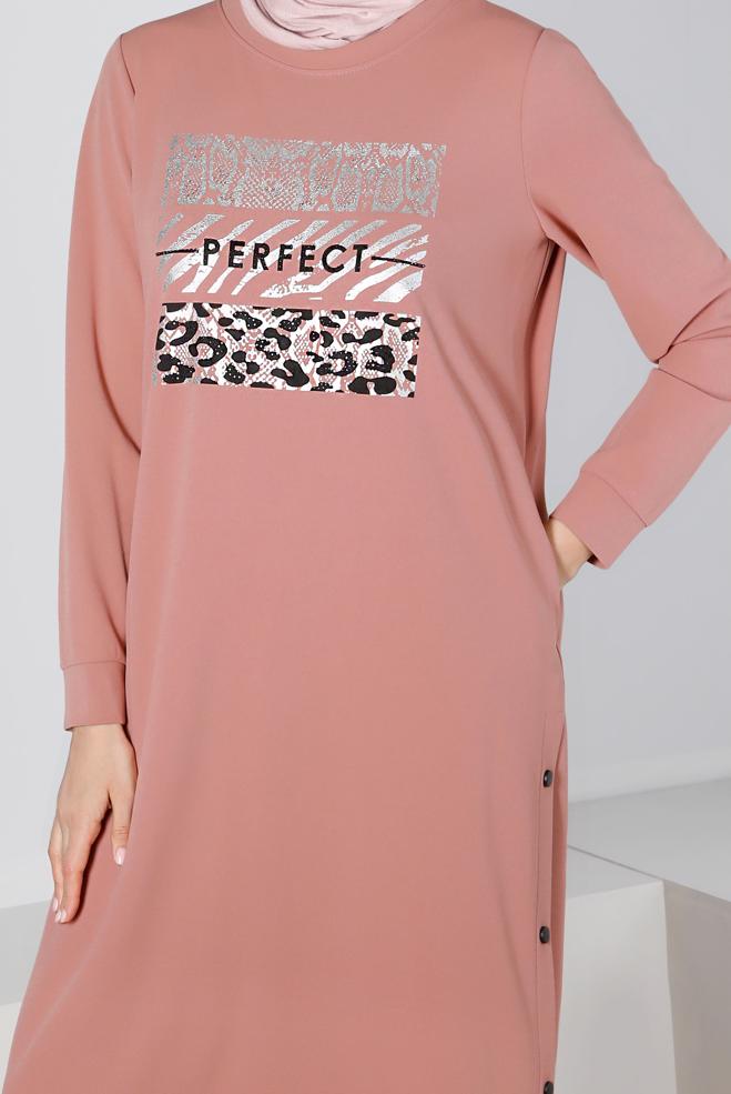 Vêtements hijab POUDRE ROBE SURVÊTEMENT IMPRIMÉ À PRESSION 43364 - ALVİNA
