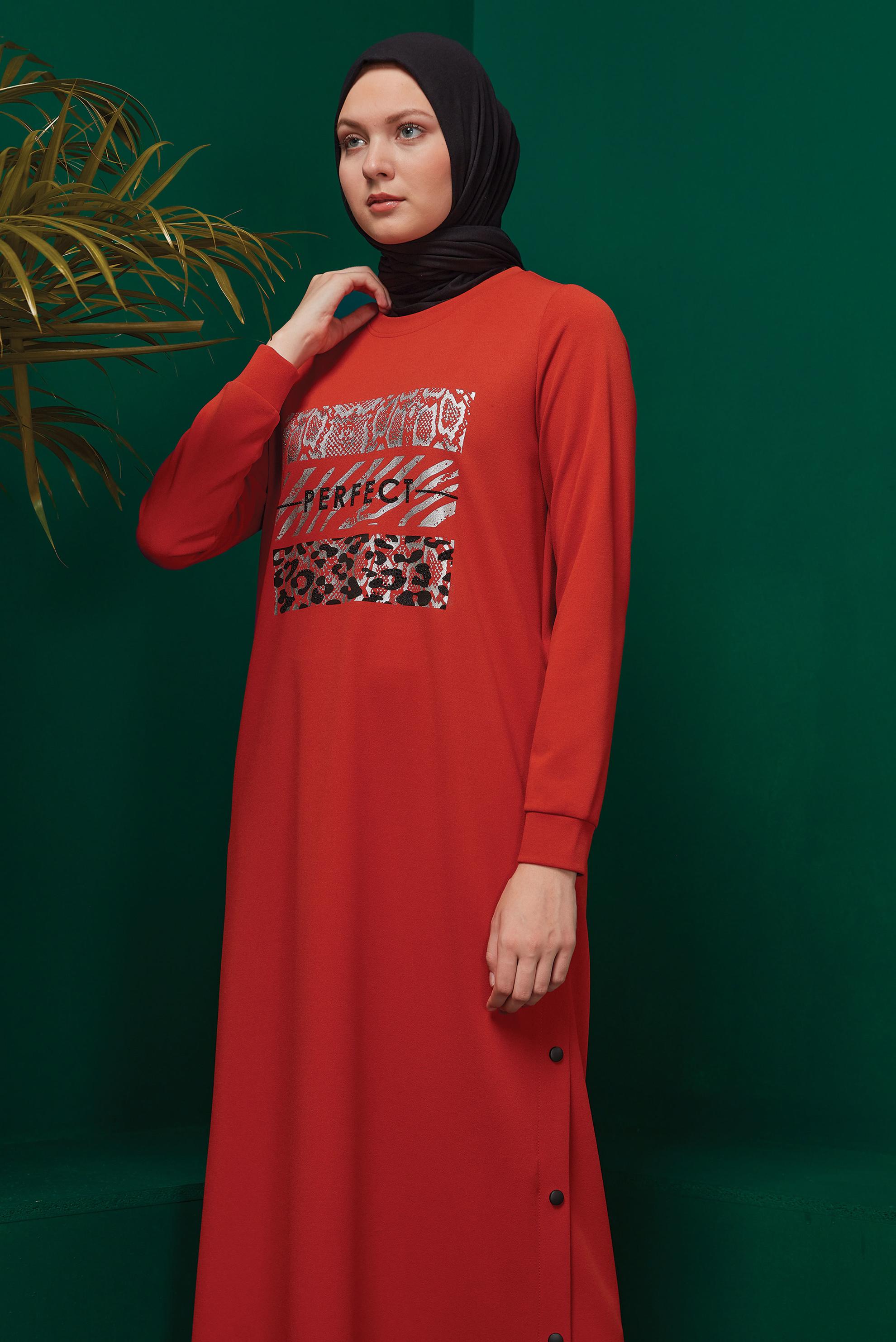 Vêtements hijab ORANGE ROBE SURVÊTEMENT IMPRIMÉ À PRESSION 43364