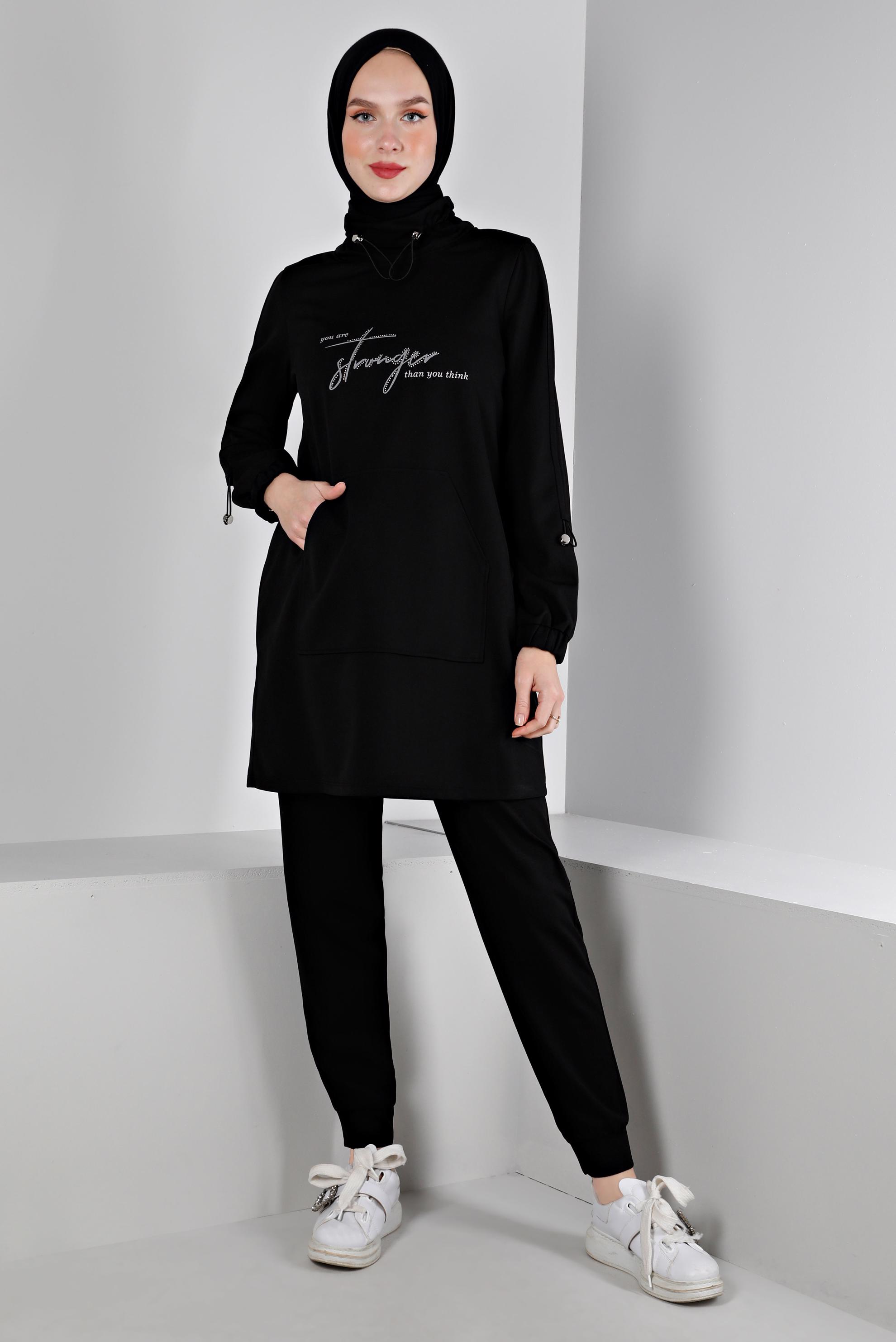 Hijab clothing BLACK SMOCKING COLLAR PRINTED 2-PIECE TRACKSUIT SET 43365