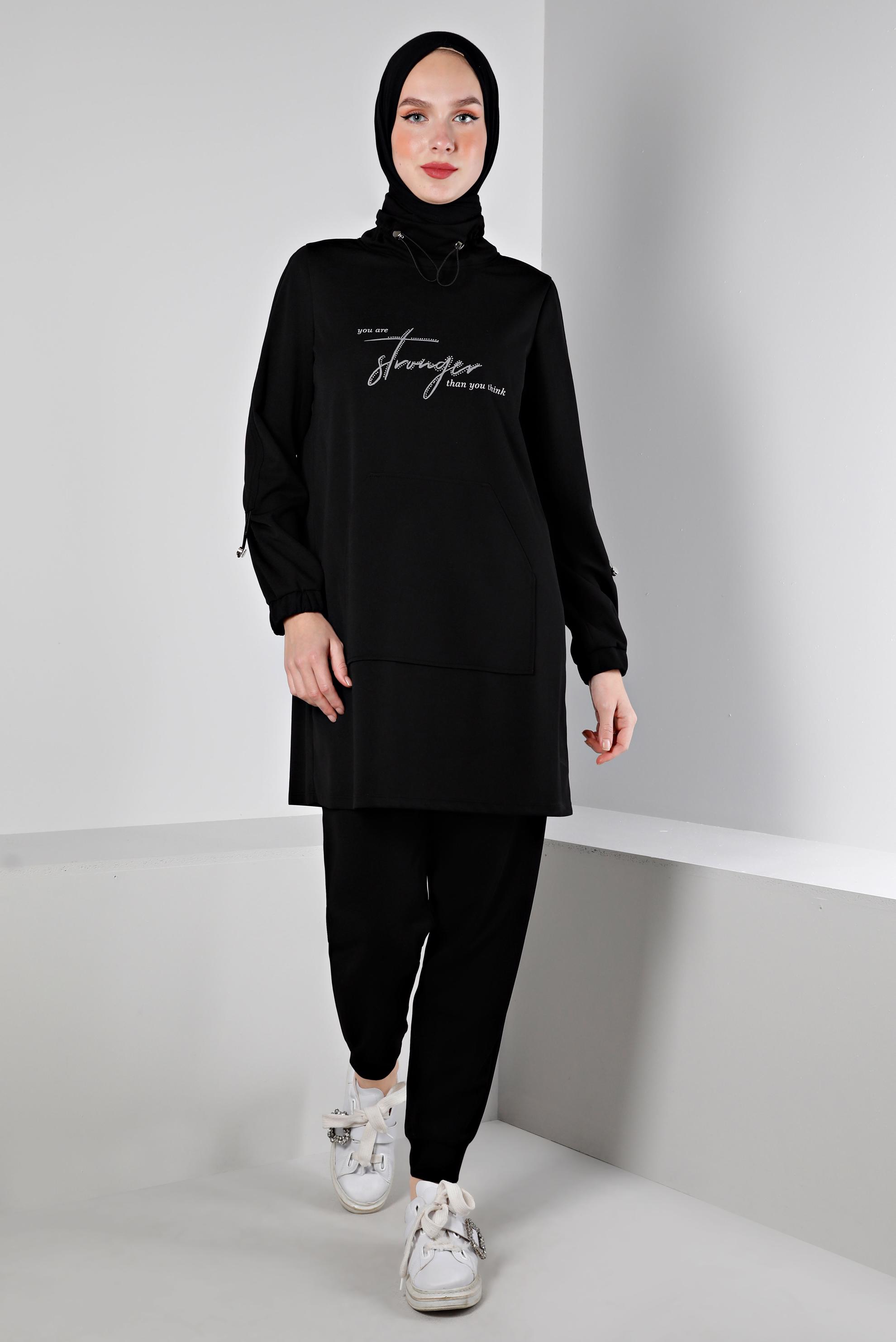 Hijab clothing BLACK SMOCKING COLLAR PRINTED 2-PIECE TRACKSUIT SET 43365