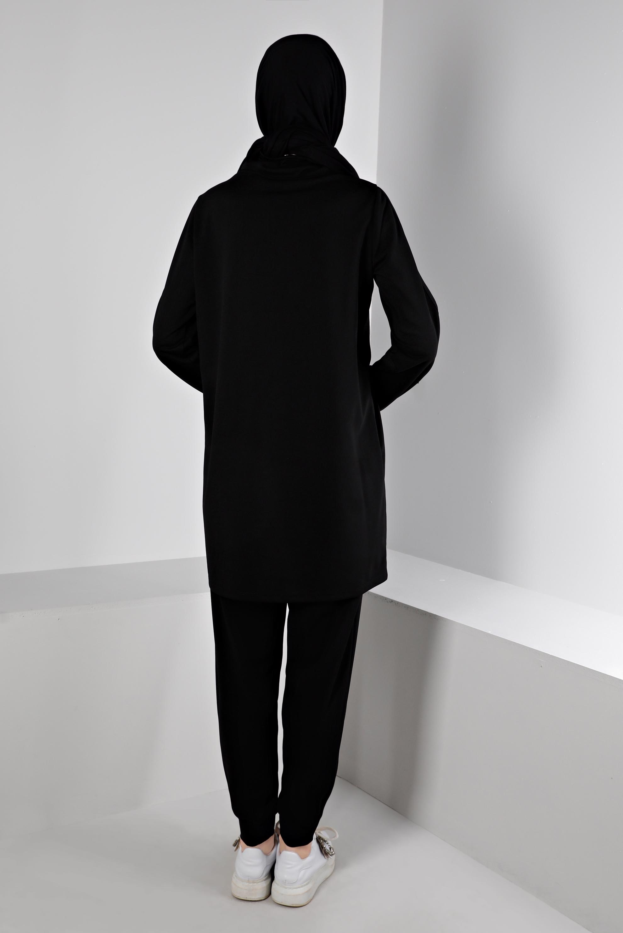 Hijab clothing BLACK SMOCKING COLLAR PRINTED 2-PIECE TRACKSUIT SET 43365