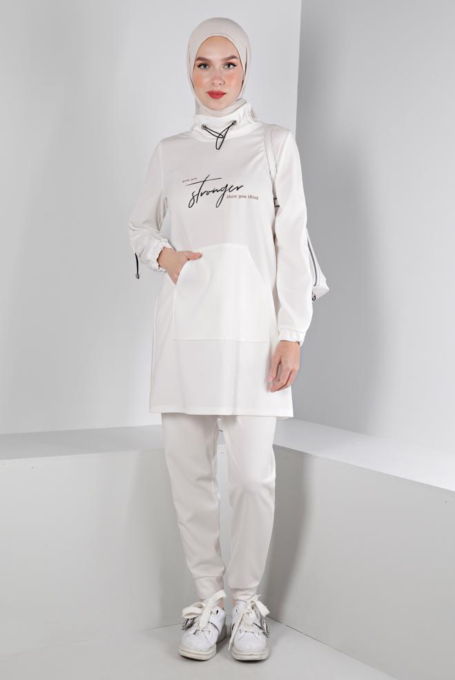 Hijab-Kleidung WEISS BEDRUCKTER TRAININGSANZUG 43365 - ALVİNA