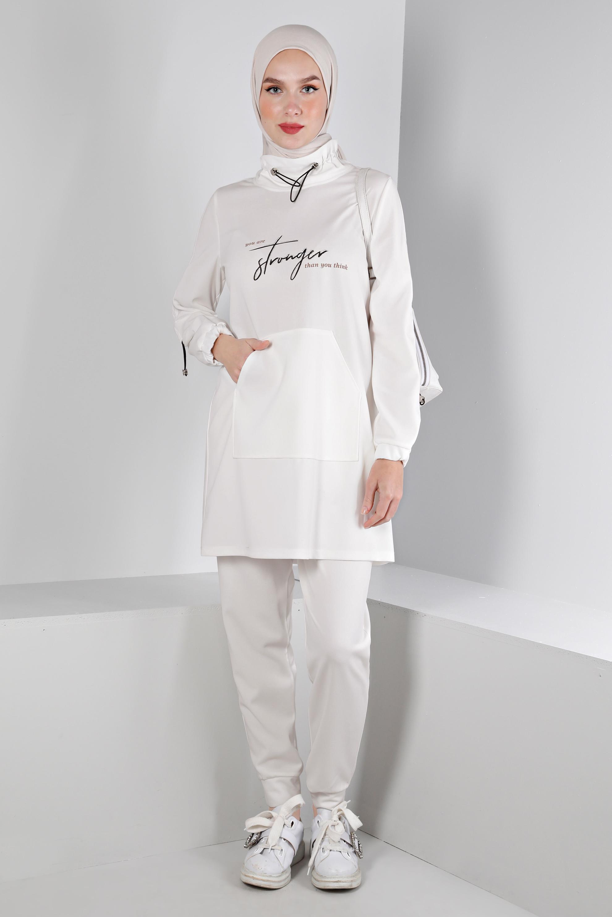 Hijab clothing WHITE SMOCKING COLLAR PRINTED 2-PIECE TRACKSUIT SET 43365