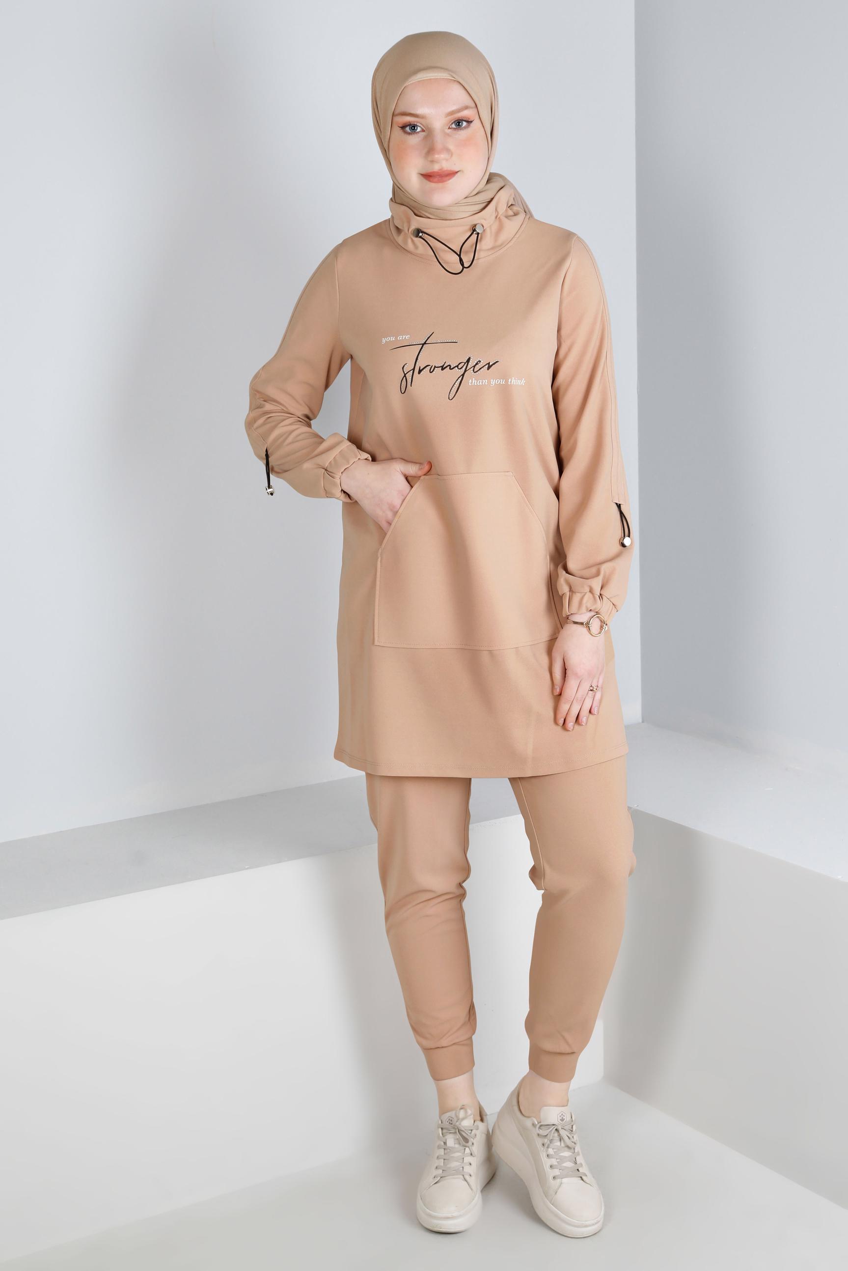 Tesettür giyim BEJ BASKILI EŞOFMAN TAKIMI 43365