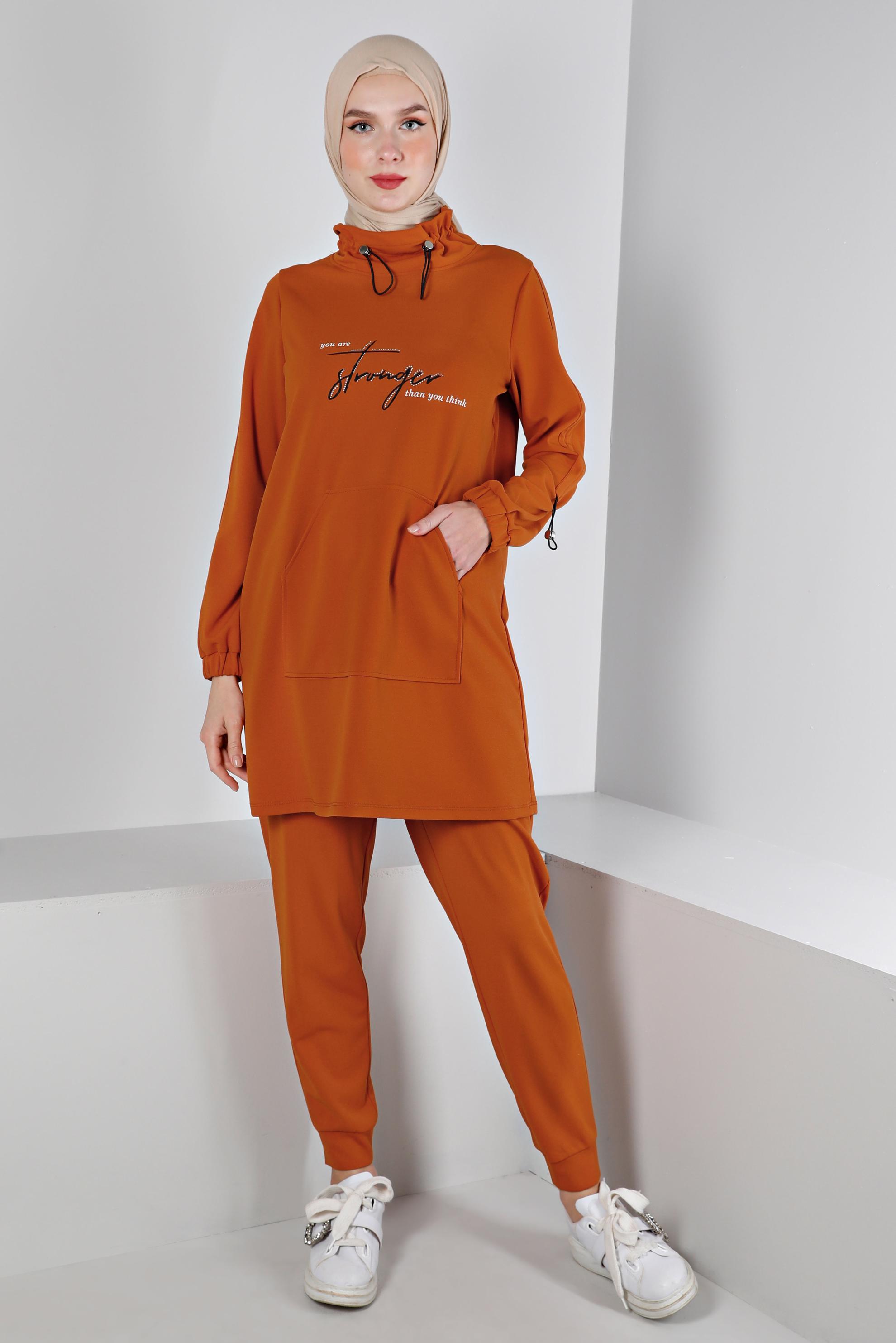 Vêtements hijab ORANGE ENSEMBLE SURVÊTEMENT 2 PIÈCES IMPRIMÉ COL SMOCKING 43365