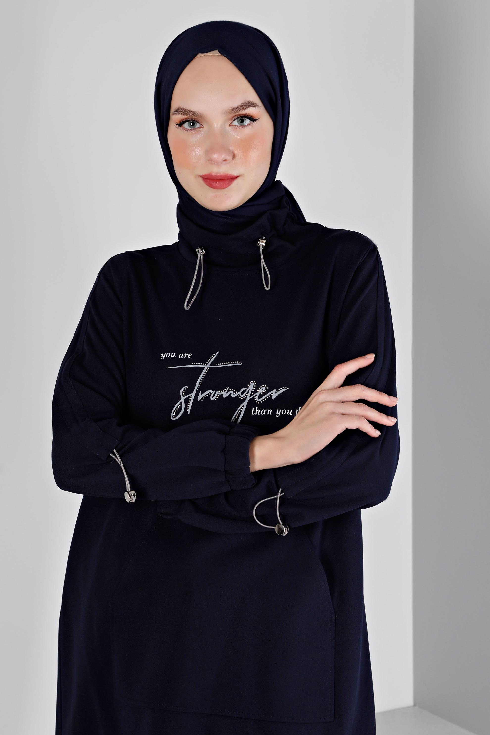 Hijab clothing NAVY BLUE SMOCKING COLLAR PRINTED 2-PIECE TRACKSUIT SET 43365