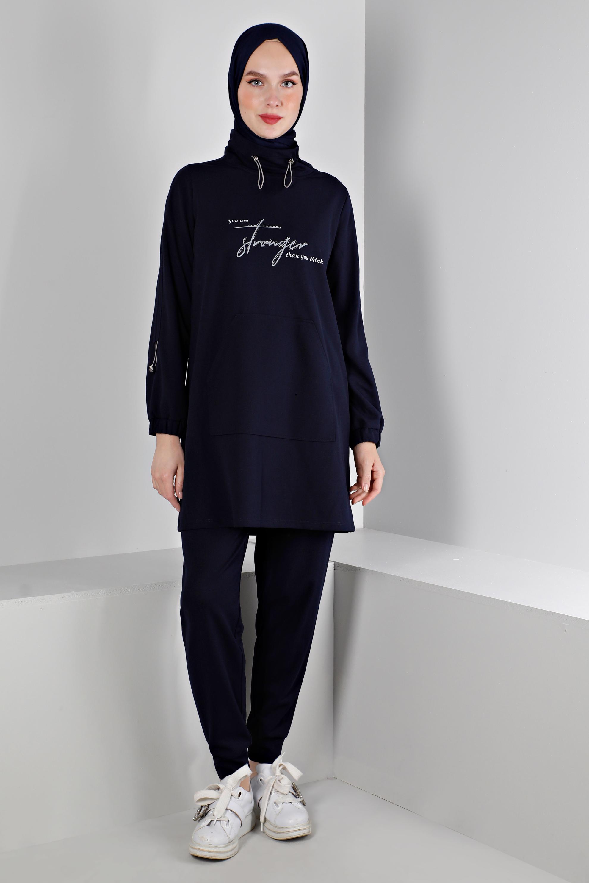 Hijab clothing NAVY BLUE SMOCKING COLLAR PRINTED 2-PIECE TRACKSUIT SET 43365