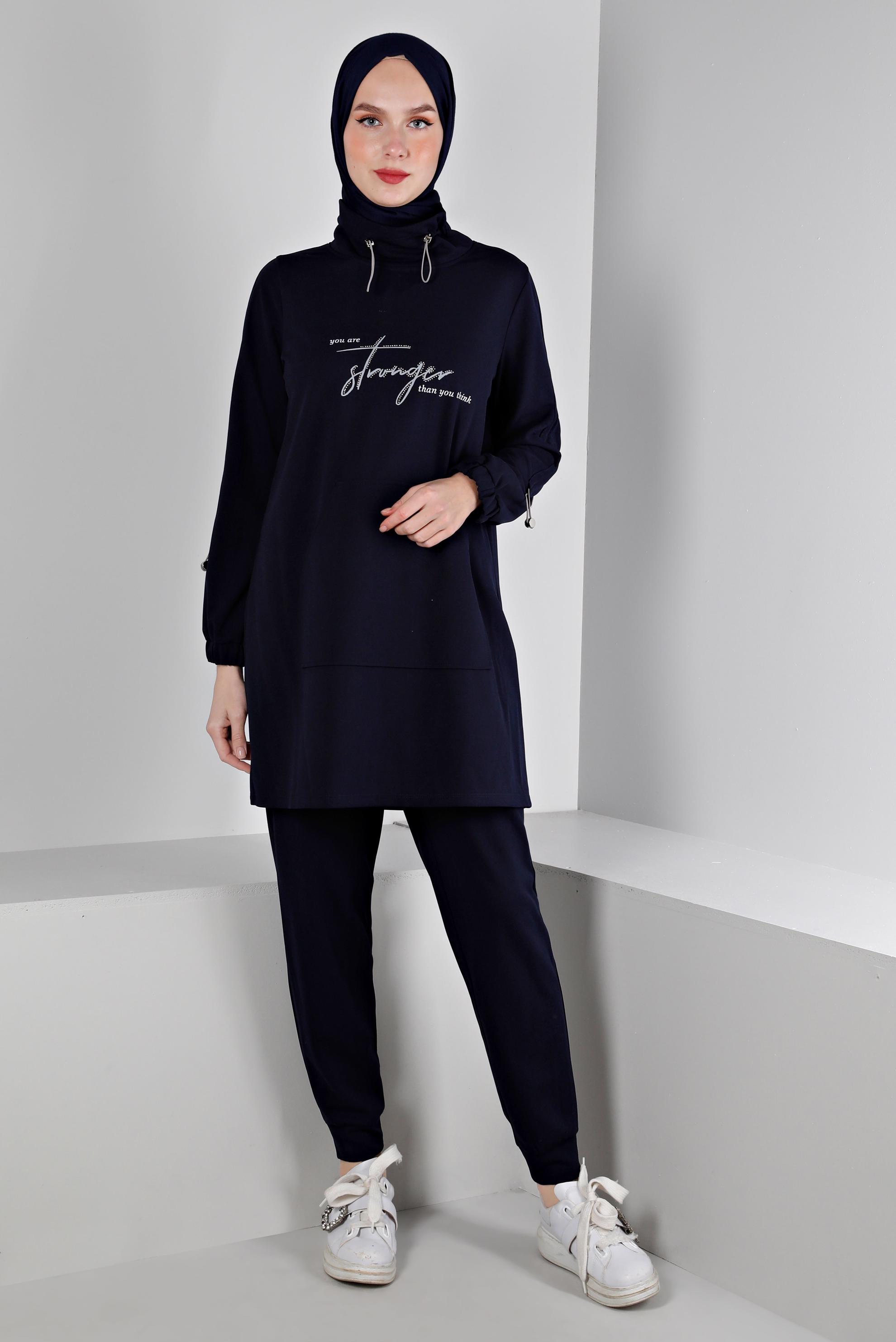 Hijab clothing NAVY BLUE SMOCKING COLLAR PRINTED 2-PIECE TRACKSUIT SET 43365