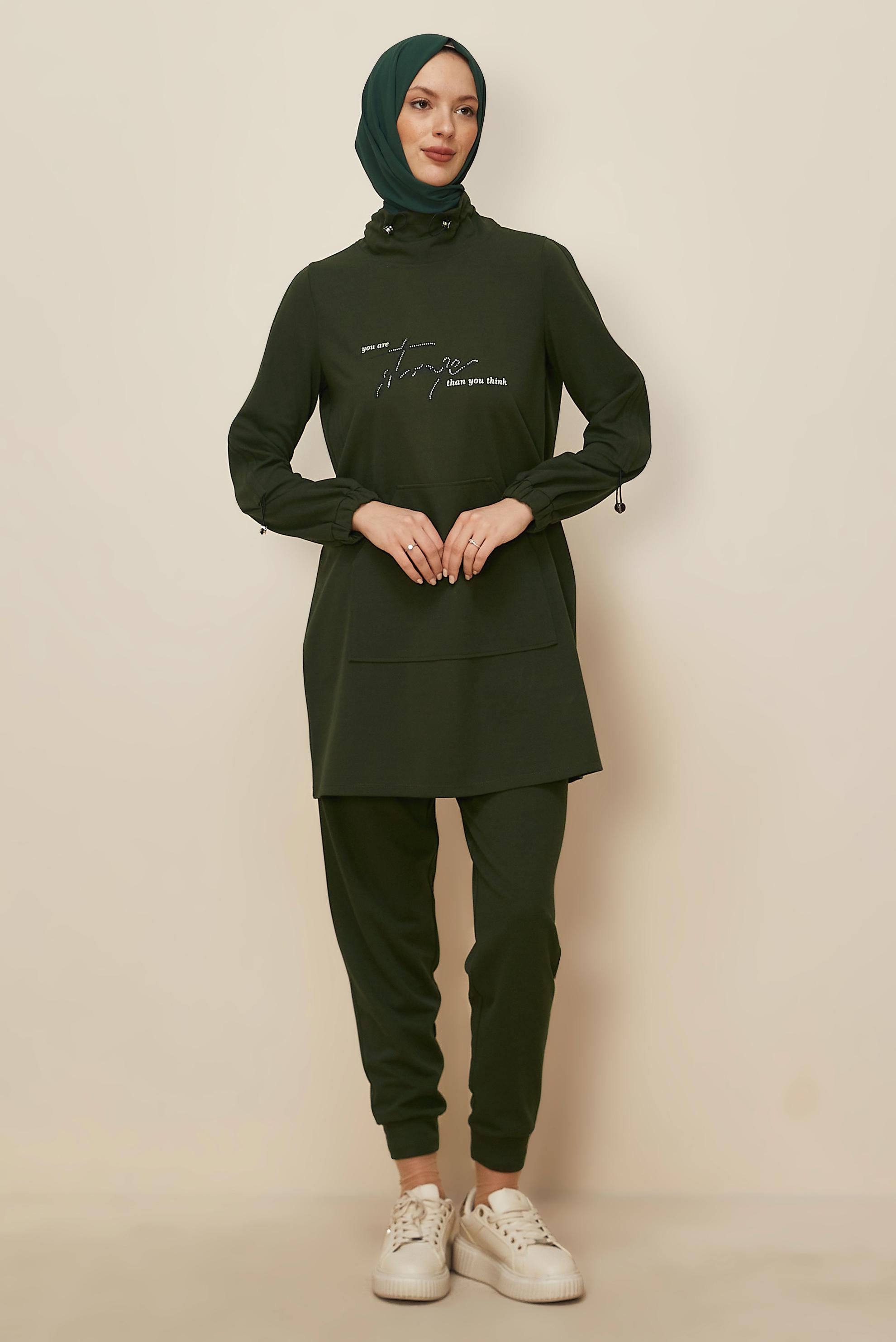 Tesettür giyim HAKİ BASKILI EŞOFMAN TAKIMI 43365