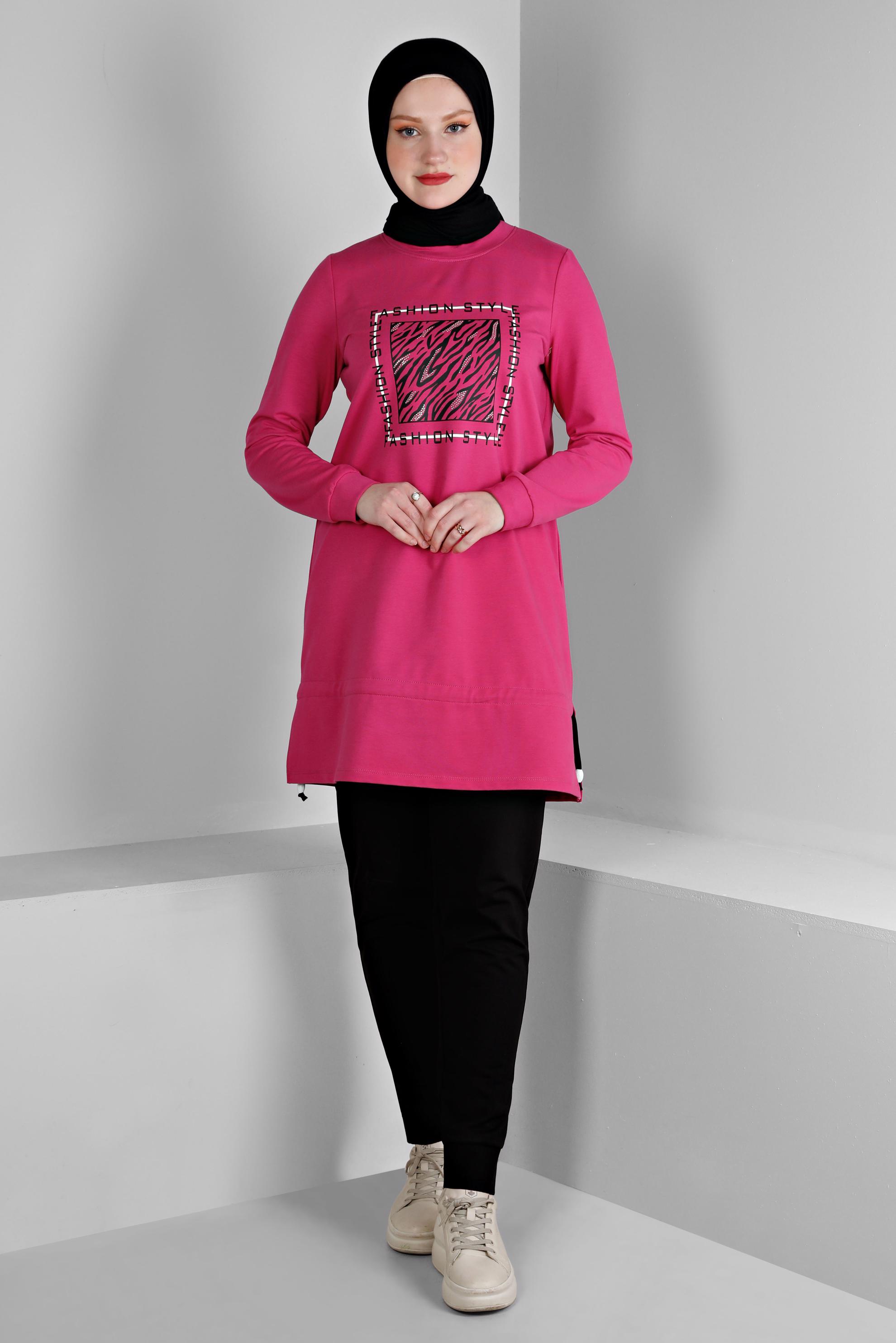 Vêtements hijab FUCHSIA ENSEMBLE DE SURVÊTEMENT 2 PIÈCES À SLOGAN 43369 