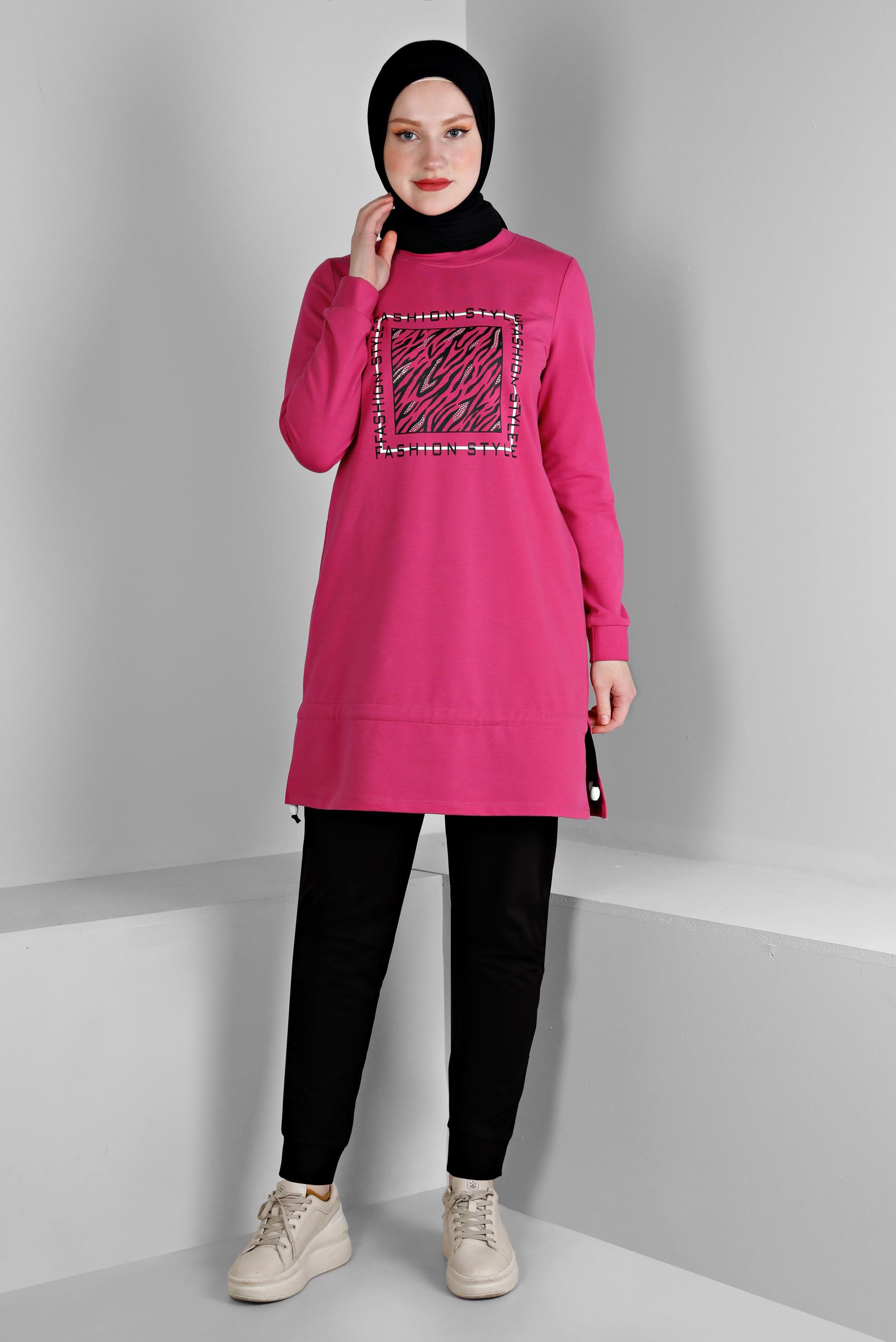 Vêtements hijab FUCHSIA ENSEMBLE DE SURVÊTEMENT 2 PIÈCES À SLOGAN 43369 