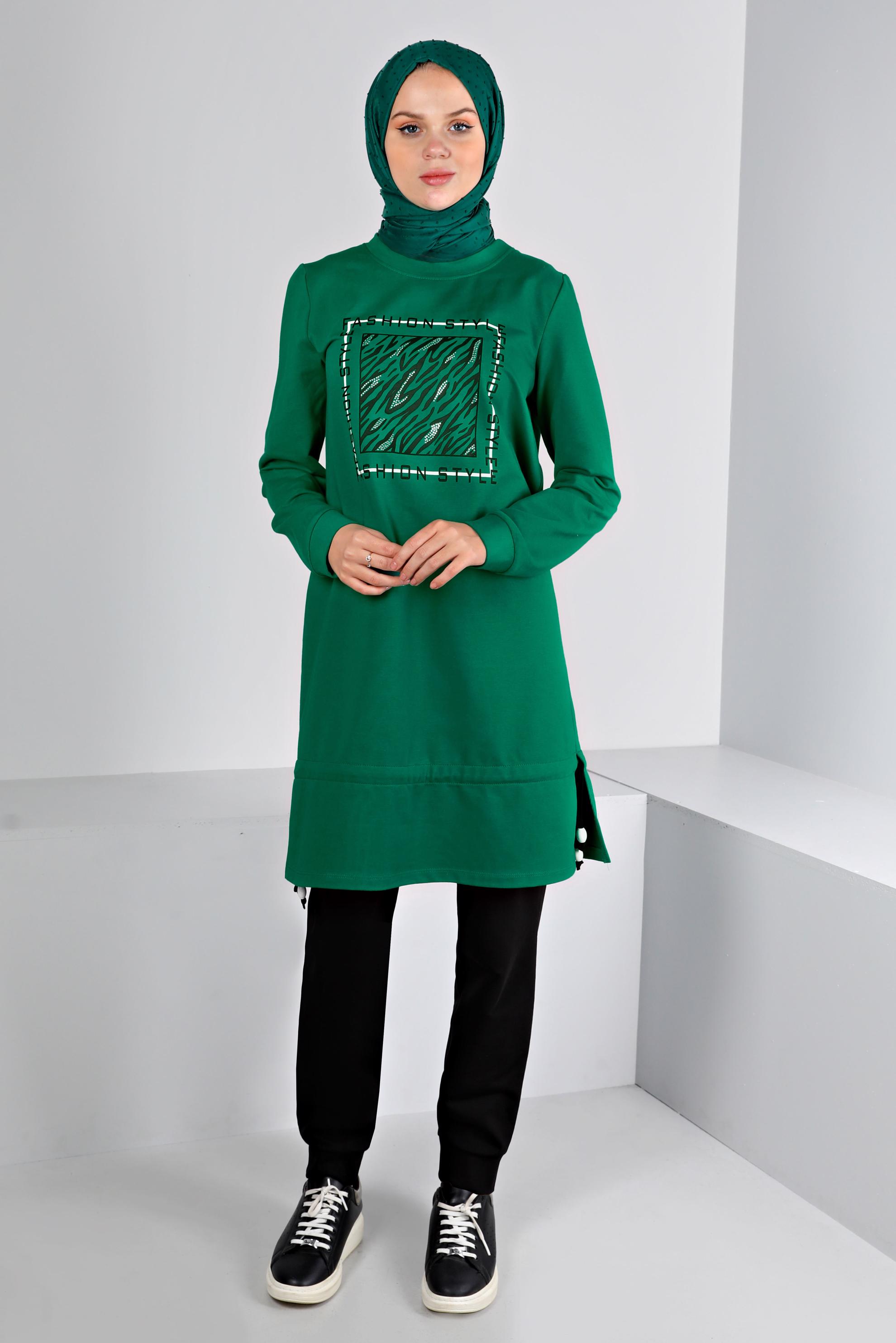 Hijab clothing GREEN SLOGAN DETAIL 2-PIECE TRACKSUIT SET 43369