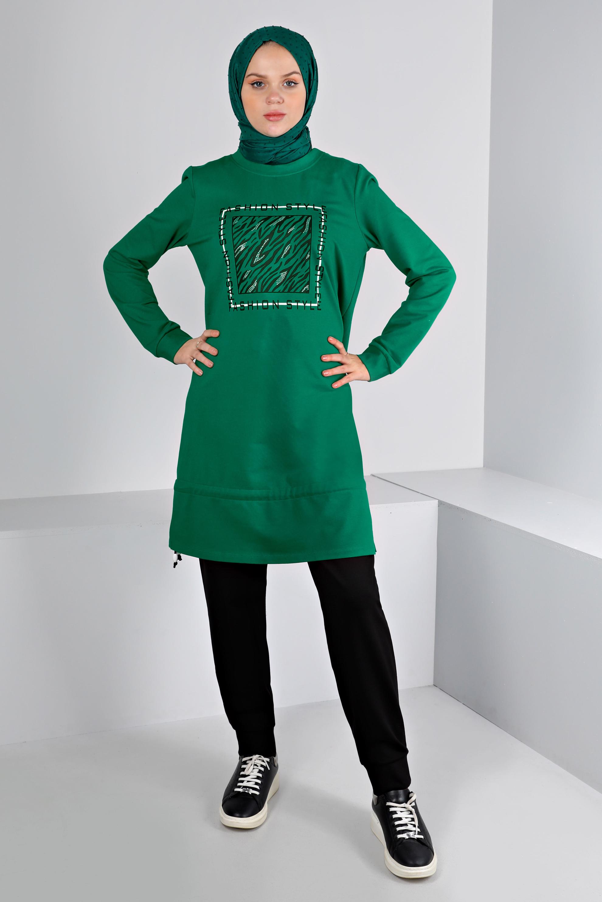 Hijab clothing GREEN SLOGAN DETAIL 2-PIECE TRACKSUIT SET 43369