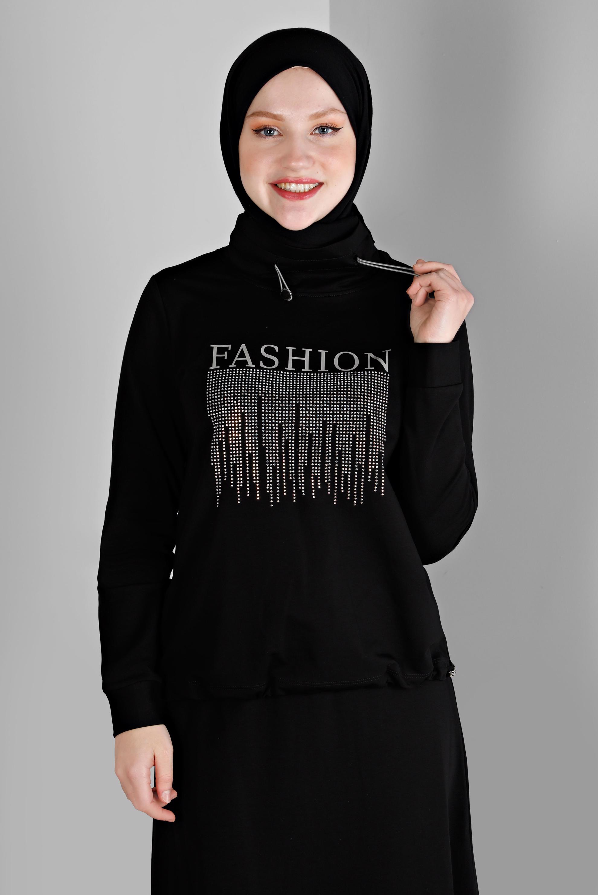 Vêtements hijab NOIR ENSEMBLE DE SURVÊTEMENT 2 PIÈCES AVEC JUPE À SLOGAN 43388