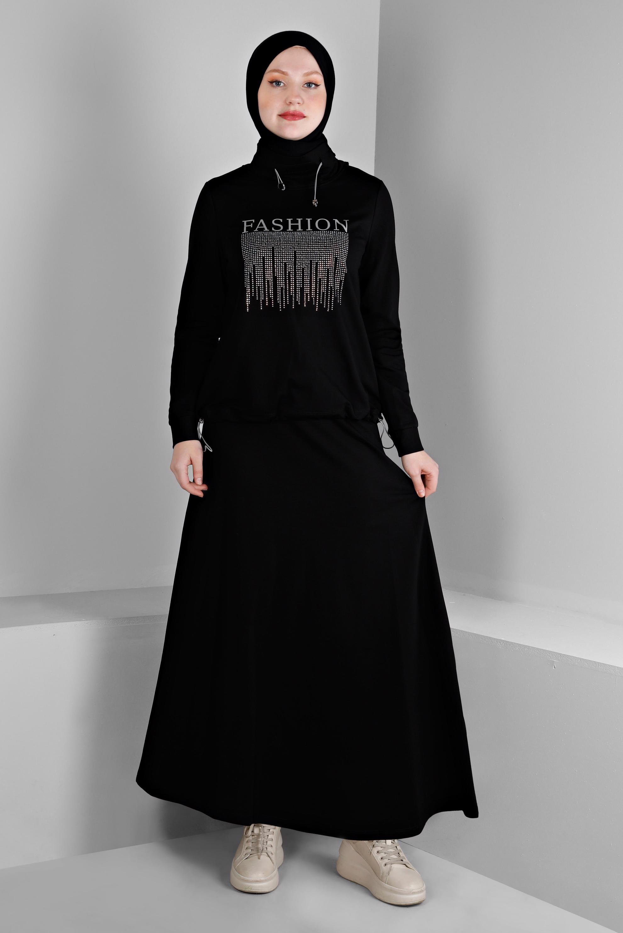 Vêtements hijab NOIR ENSEMBLE DE SURVÊTEMENT 2 PIÈCES AVEC JUPE À SLOGAN 43388